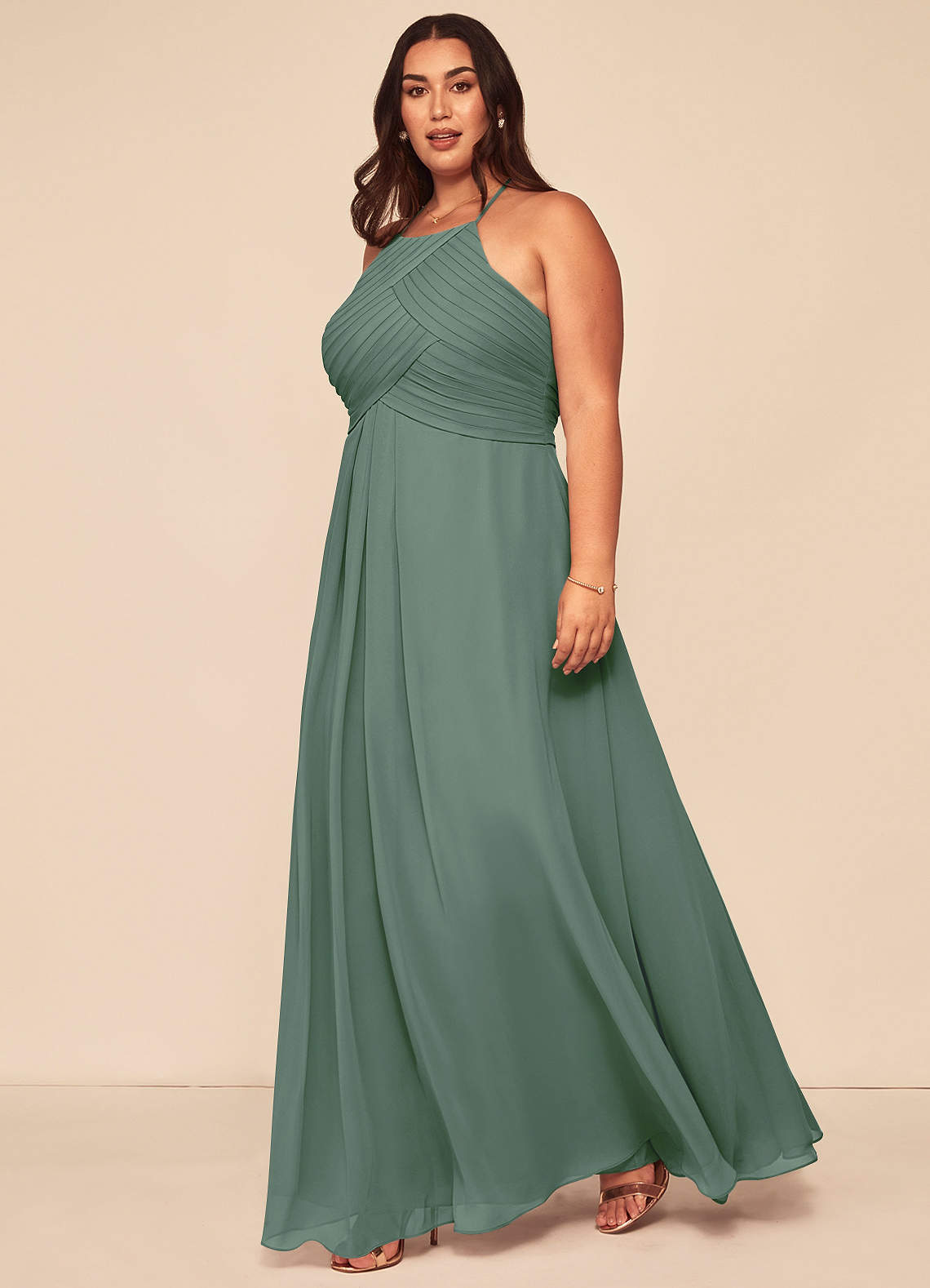 Azazie Ginger Bridesmaid Dresses Eucalyptus A-Line Halter Pleated Chiffon Dress image1