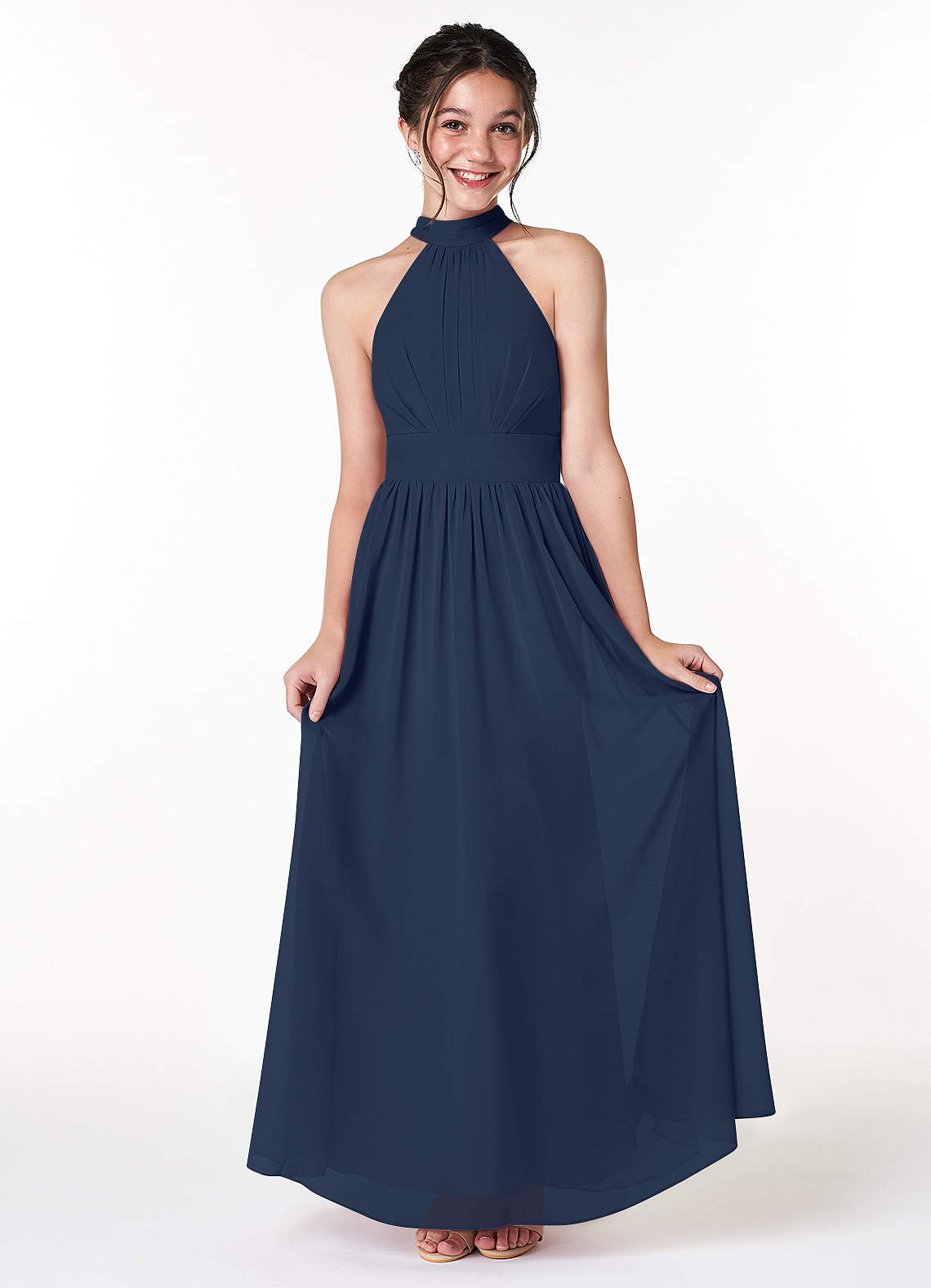 Azazie Iman Junior Dark Navy A-Line Pleated Chiffon Dress image1