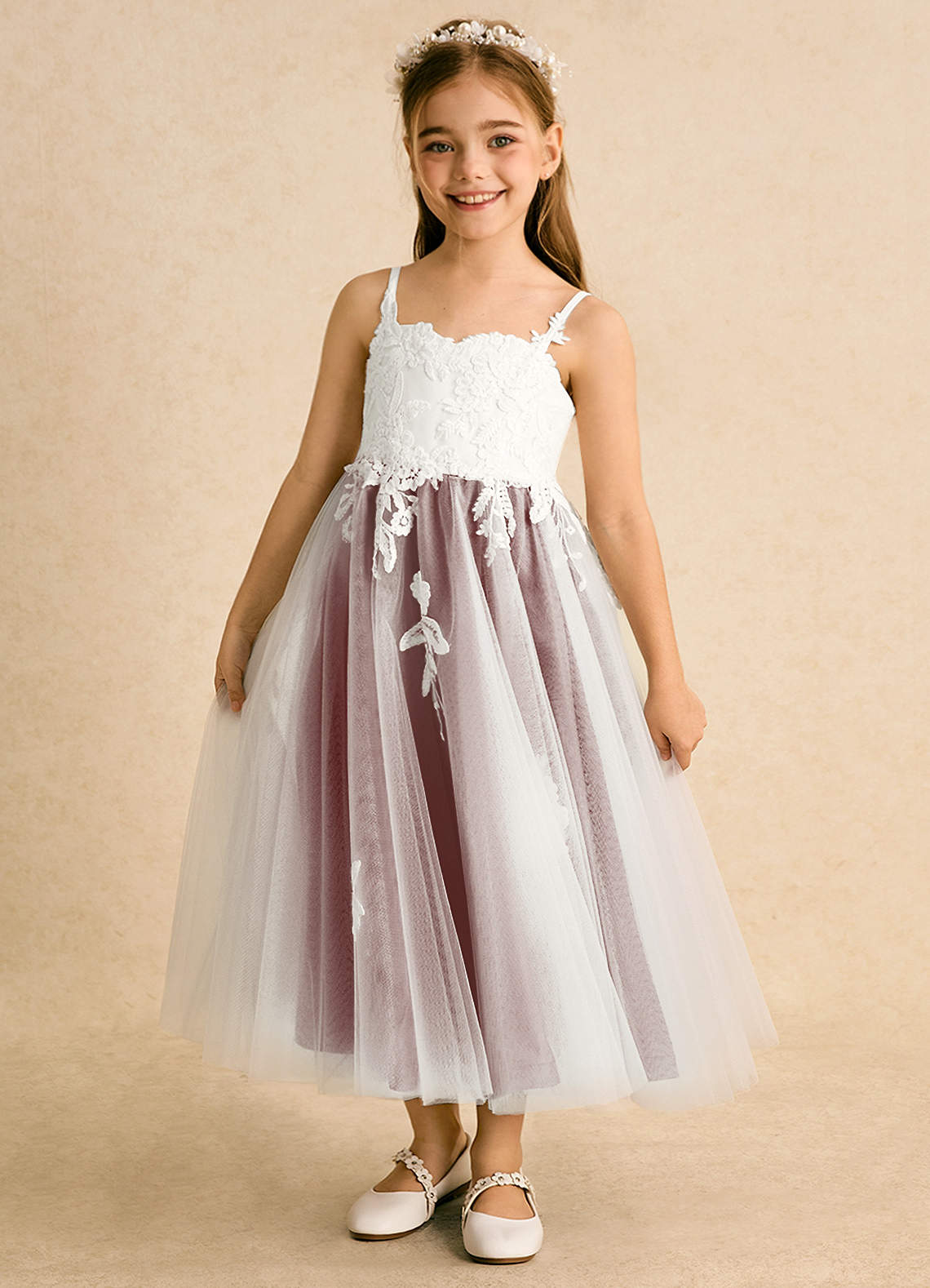 Azazie Coraline Flower Girl Dresses Ivory Amethyst A-Line Lace Dress image1