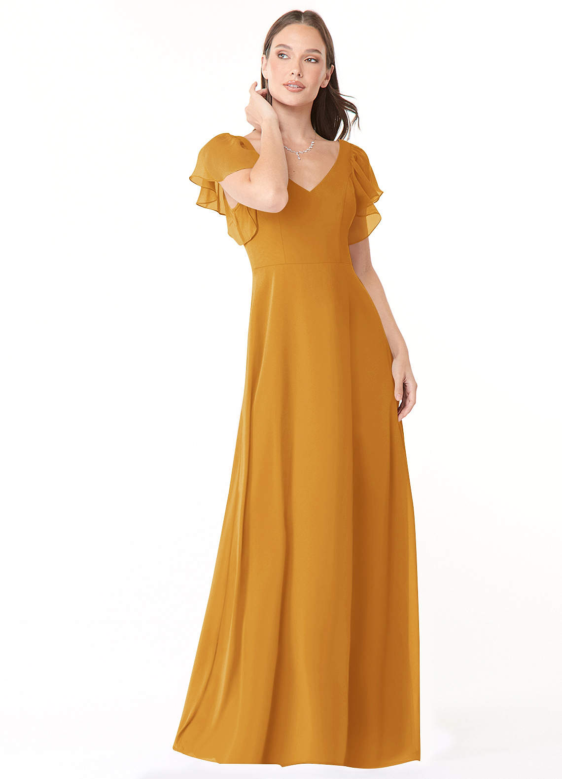 Azazie Syenna Brautjungfernkleider A-Linie Gestreift Chiffon Kleid Butterscotch image1