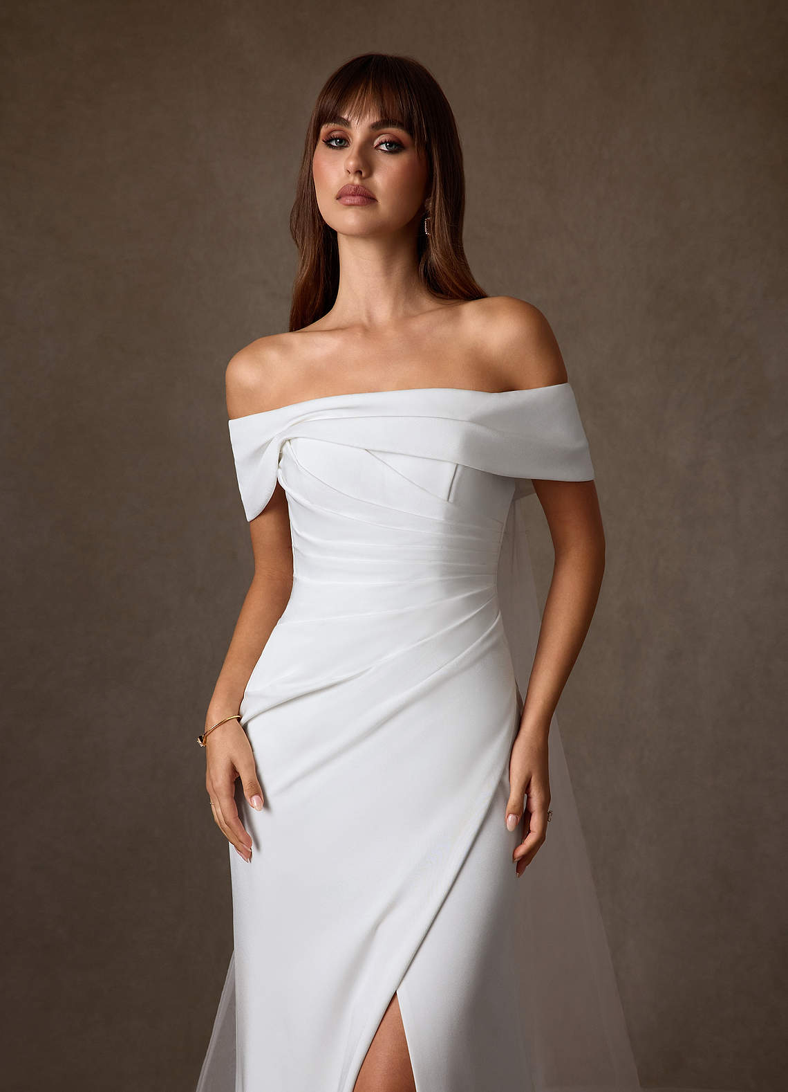 Azazie Chandler Wedding Dresses Diamond White Sheath Crepe Back Satin Dress image5