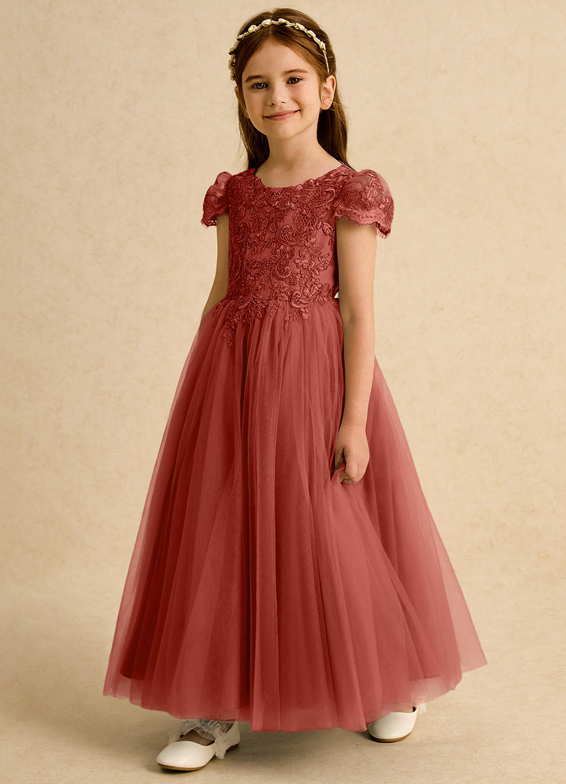 Azazie Puff Robe Demoiselle D'honneur Fillette Robe Princesse en Tulle Dentelle Terracotta image1