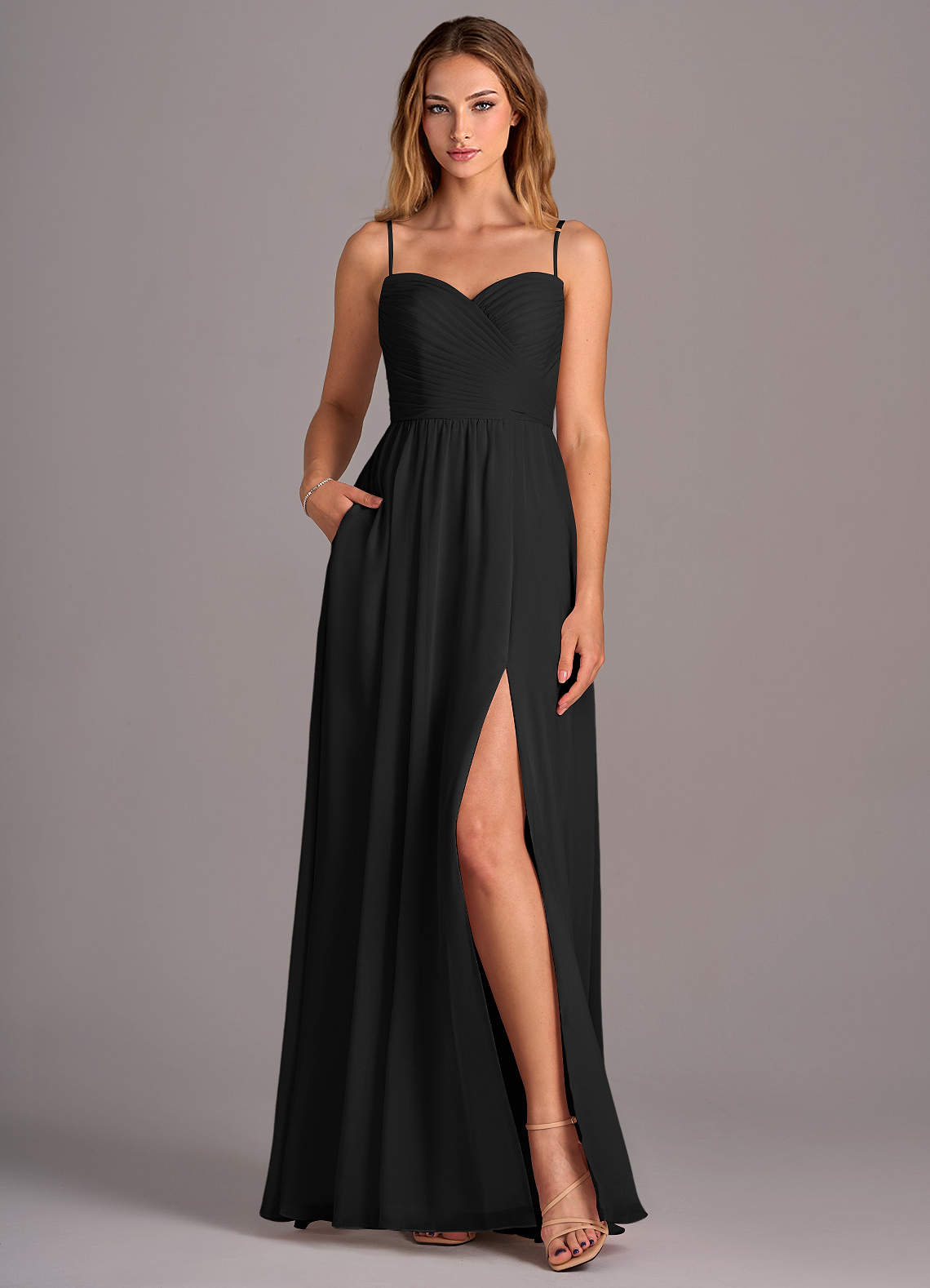 [最終価格] 24SS MATEE&SONS JEFFERY RAYON Azazie Joni Ready to Ship Black Chiffon Bridesmaid Dresses | Azazie