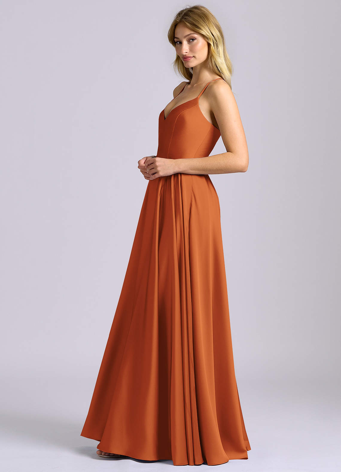 cinnamon rose satin bridesmaid dresses Azazie Truce Stretch Dundas open front criss-cross WHITE DRESS Color:Snmoky Blue A gorgeous and unique