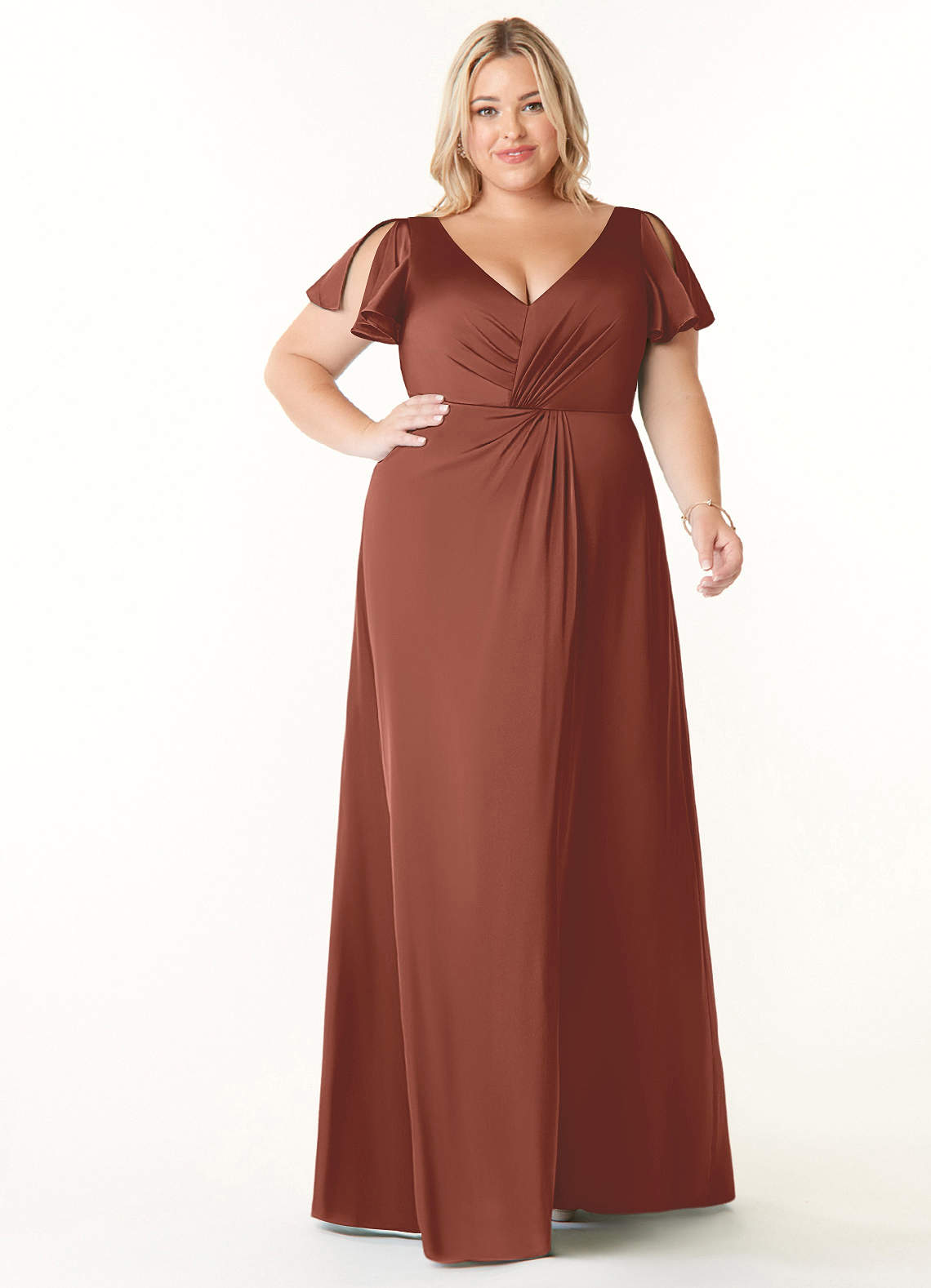Azazie Soren Bridesmaid Dresses Auburn A-Line Pleated Stretch Satin Dress image7