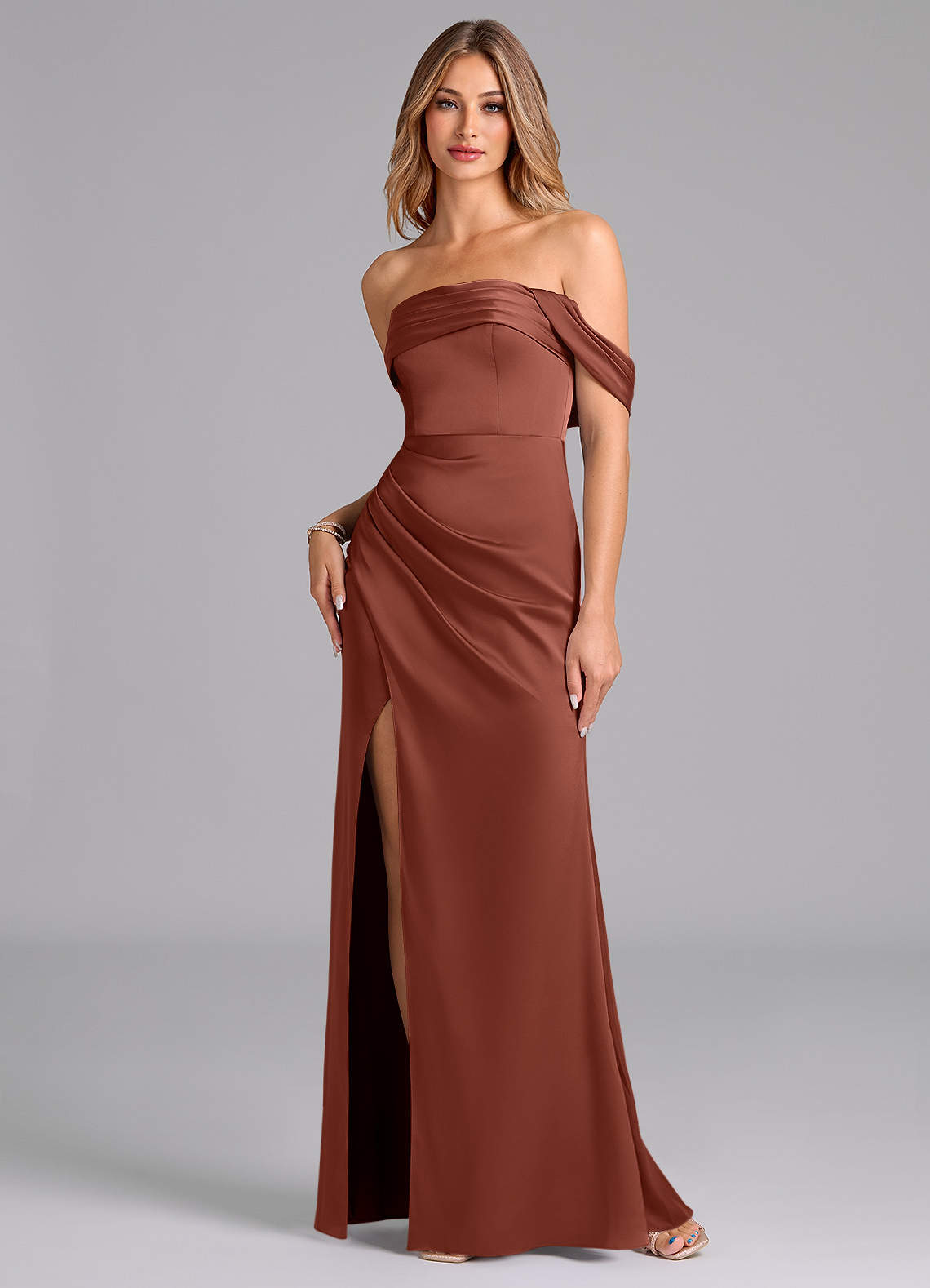 Azazie Lisbeth Bridesmaid Dresses Auburn Mermaid Off the Shoulder Stretch Satin Convertible Dress image1