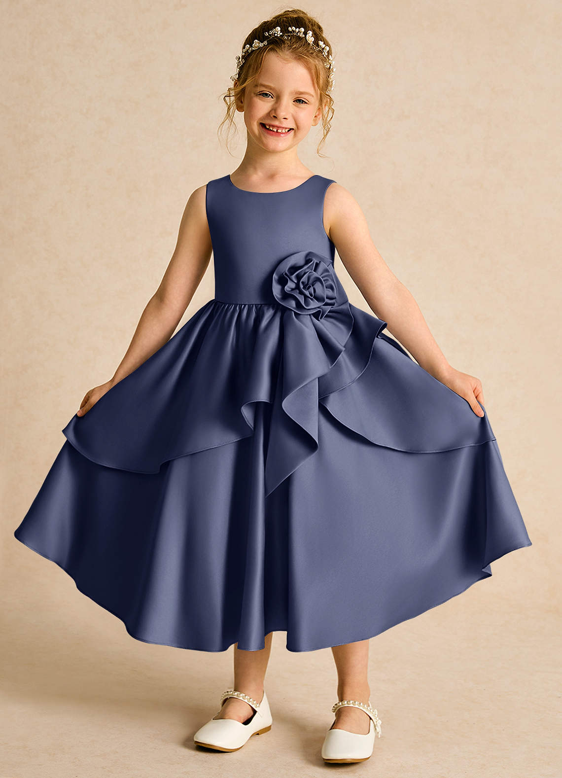 Azazie Hermia Flower Girl Dresses Stormy A-Line Sleeveless Matte Satin Dress image1