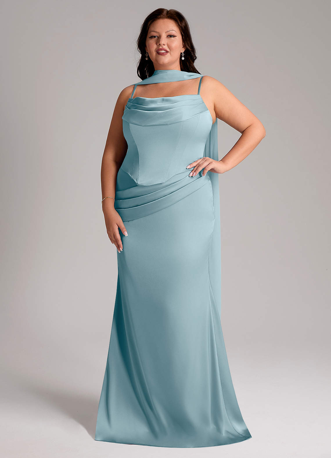Azazie Sorrel Vestidos de damas de honor Vestido de Azul Malhumorado de Satén Elástico de Corte Sirena Convertible con Sin tirantes image1