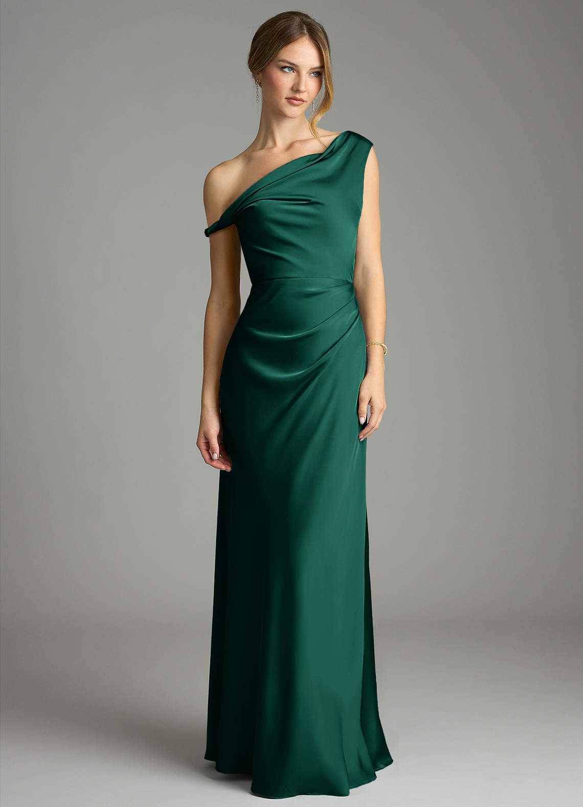 Azazie Emerson At-home Try On Dresses Emerald Mermaid Off the Shoulder Stretch Satin Dress image4