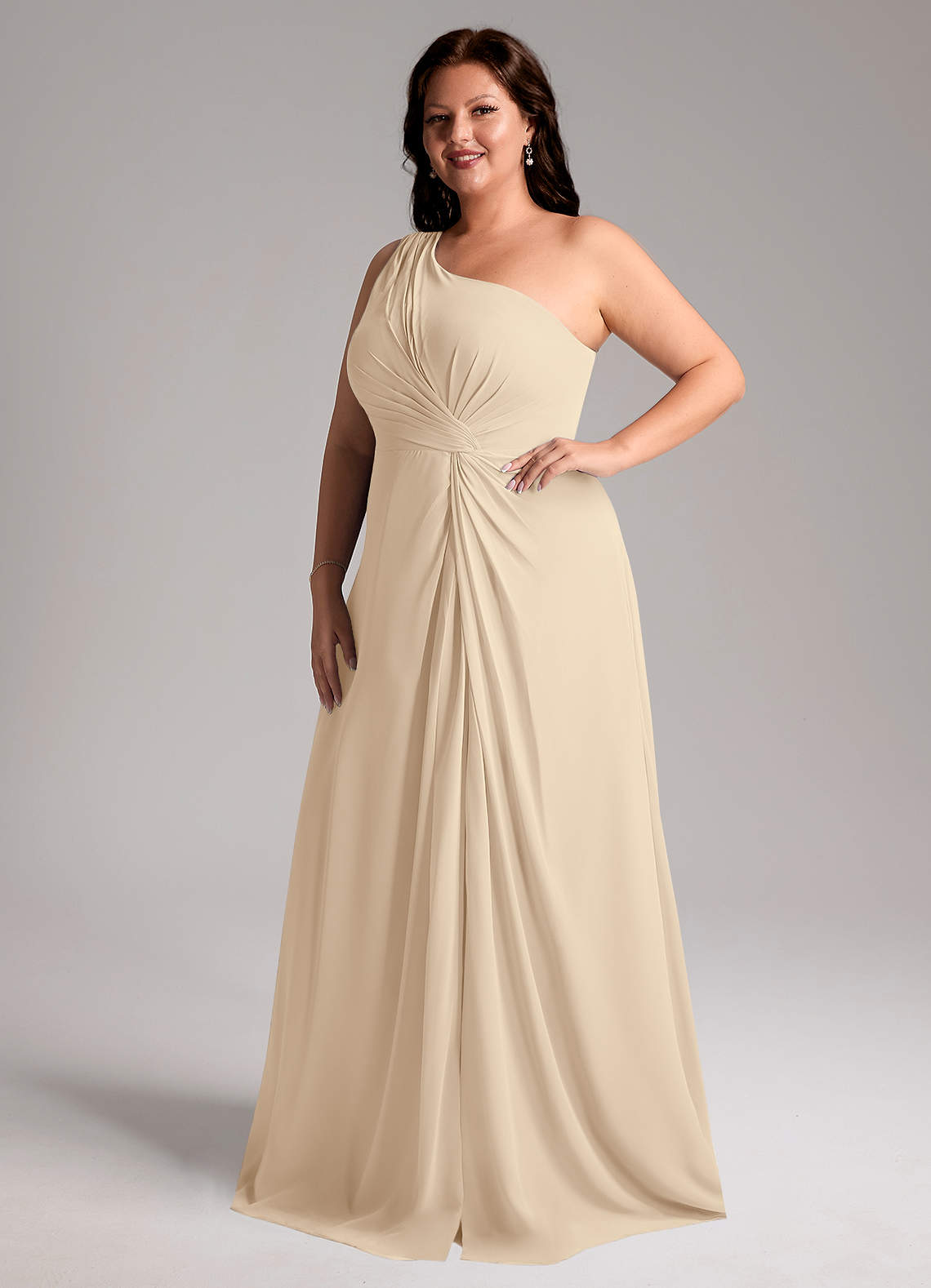 Azazie Brooke Bridesmaid Dresses Champagne A-Line One Shoulder Chiffon Dress image11