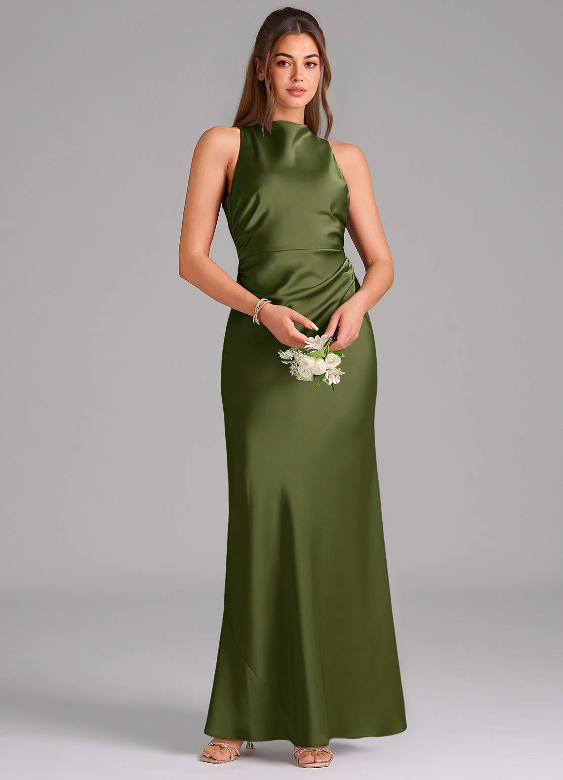Azazie Evadne Bridesmaid Dresses Olive Sheath Pleated Stretch Satin Dress image5