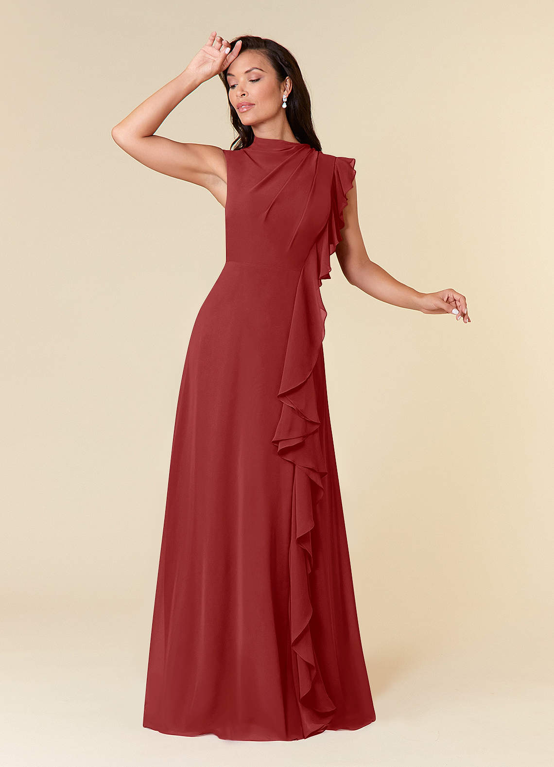Azazie Narine Mère de la mariée Robes Robe Trapèze en Mousseline de soie Encolure haute plissée Rouille image1
