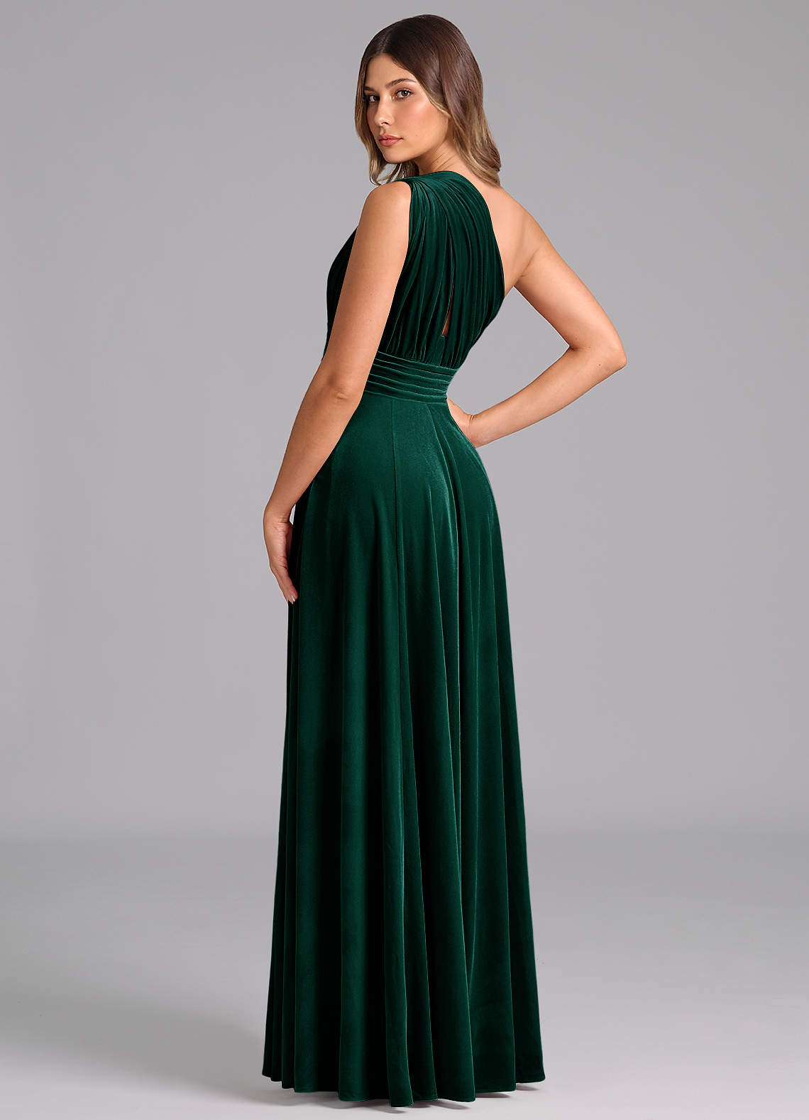 Azazie Charlize Bridesmaid Dresses Emerald A-Line One Shoulder Velvet Dress image1