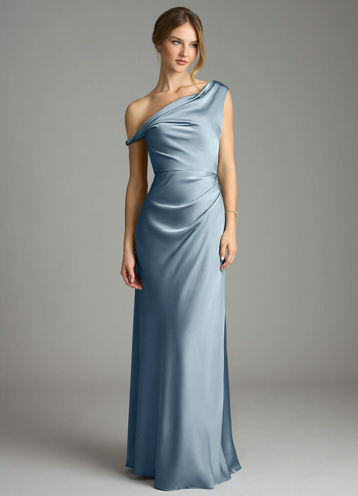 Azazie Emerson Bridesmaid Dresses Dusty Blue Mermaid Off the Shoulder Stretch Satin Dress image3