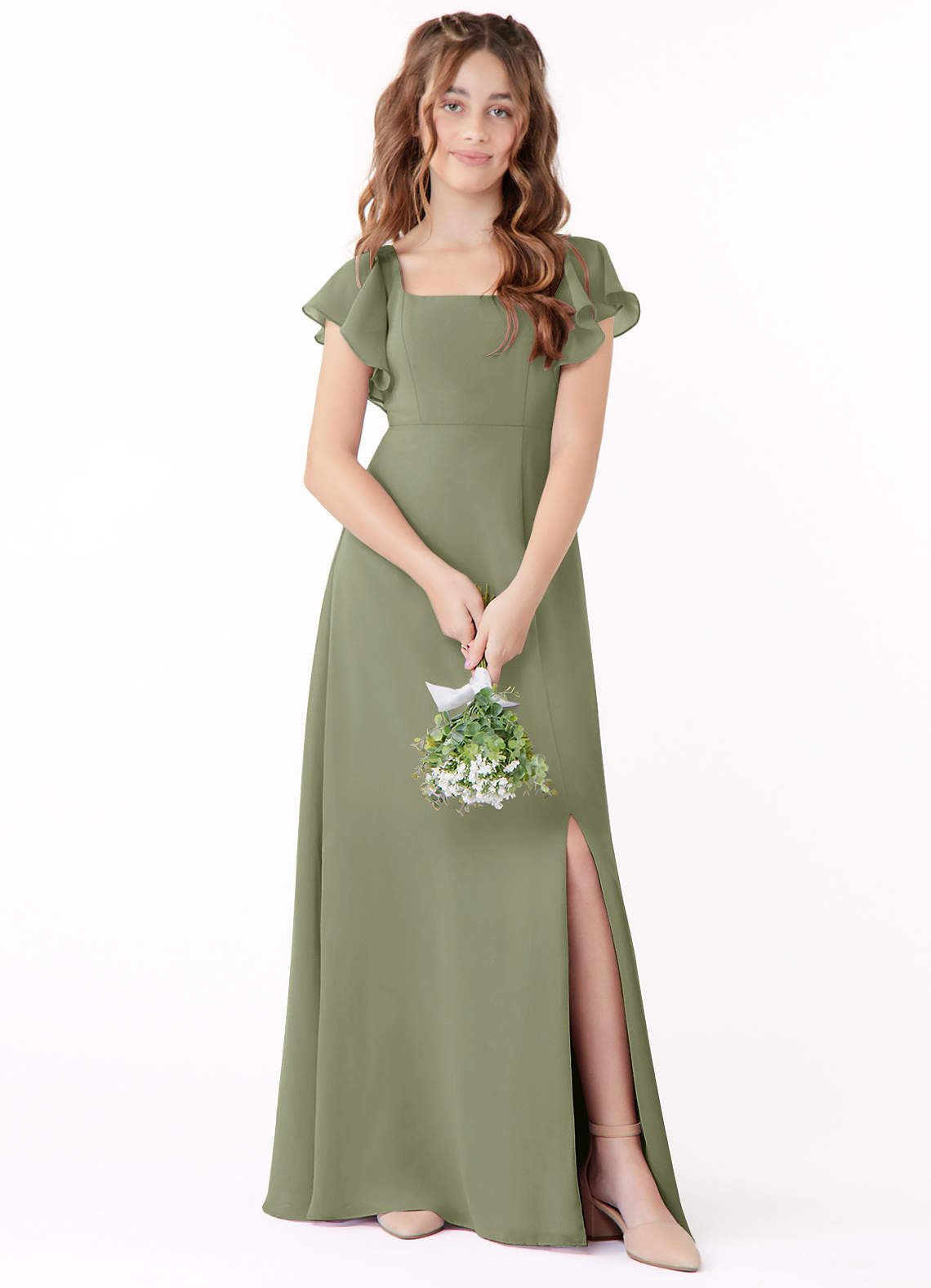 Azazie Bondi Junior Eucalyptus A-Line Bow Chiffon Dress image1