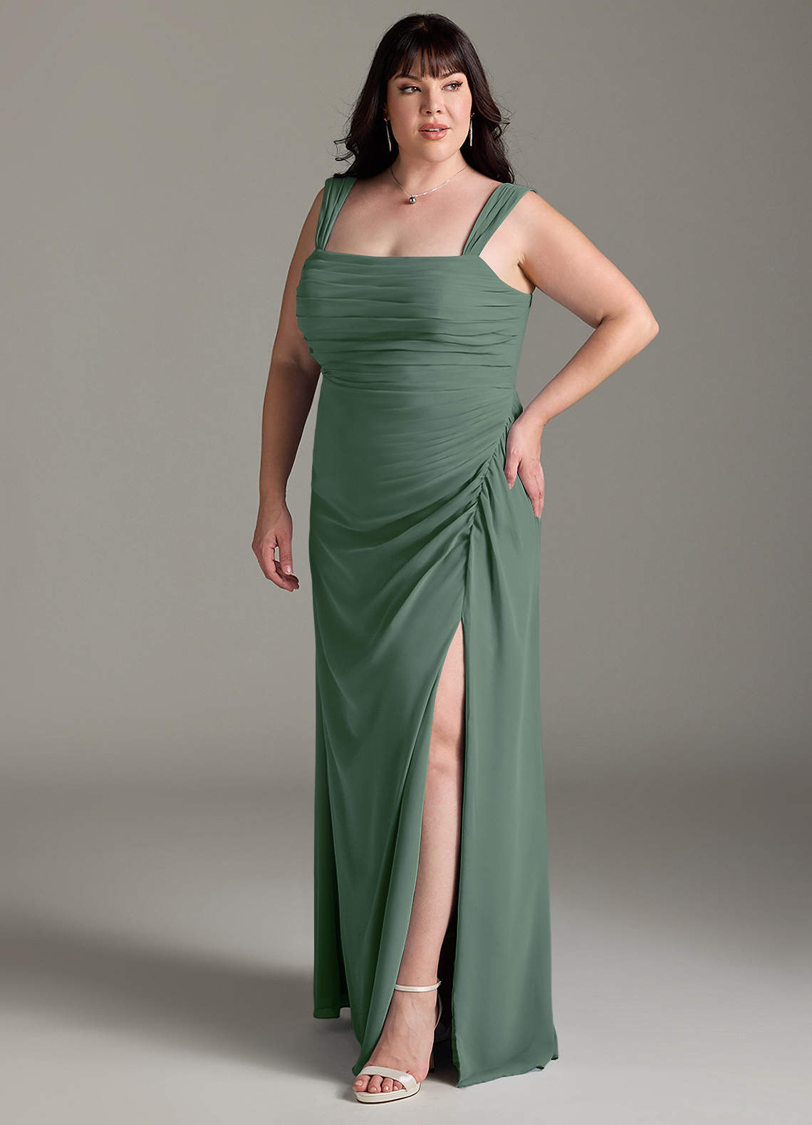 Azazie Jesaphine Bridesmaid Dresses Eucalyptus Sheath Bow Chiffon Dress image10
