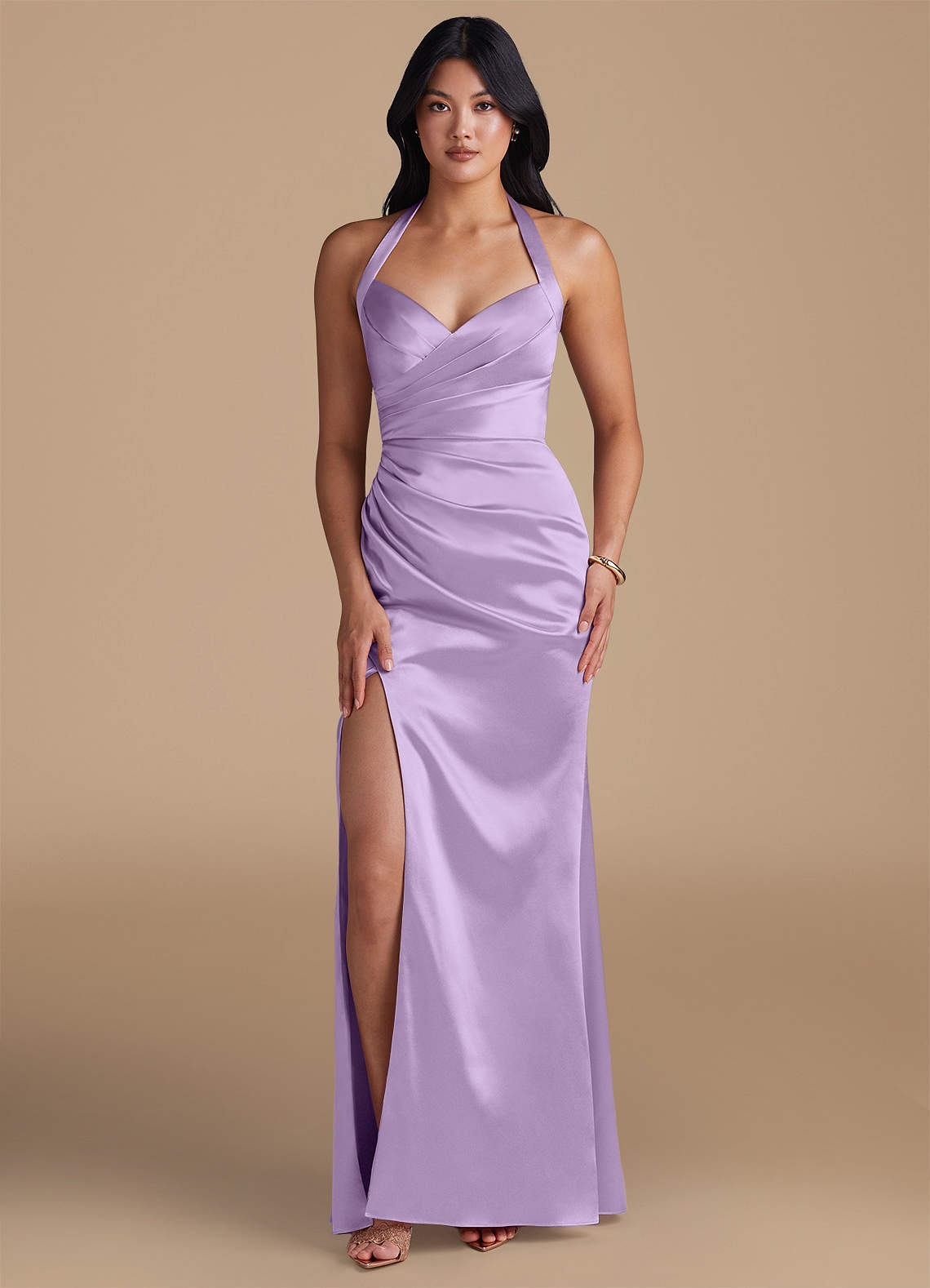 Azazie Emeria Bridesmaid Dresses Lilac Sheath Side Slit Metallic Satin Dress image1