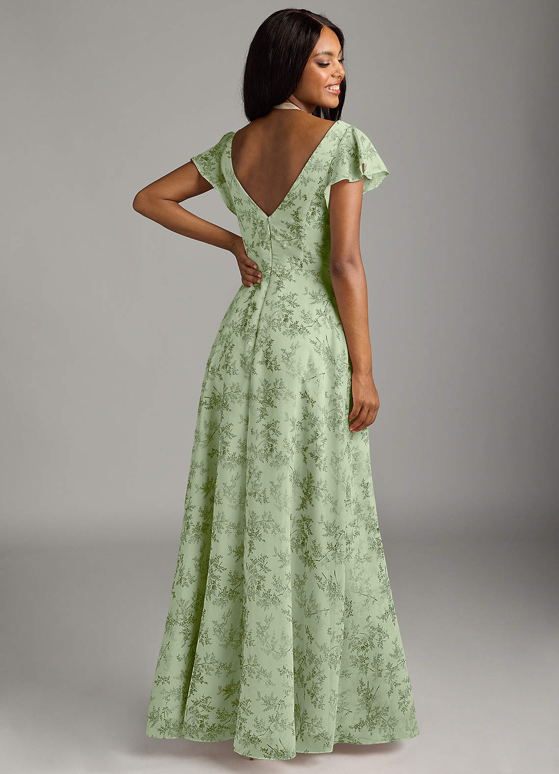 Azazie Omari Bridesmaid Dresses Green Fern Floral A-Line Chiffon Dress image4