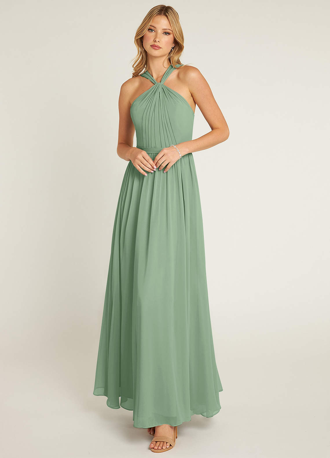 Azazie Jacey Bridesmaid Dresses Matcha A-Line Pleated Chiffon Dress image1