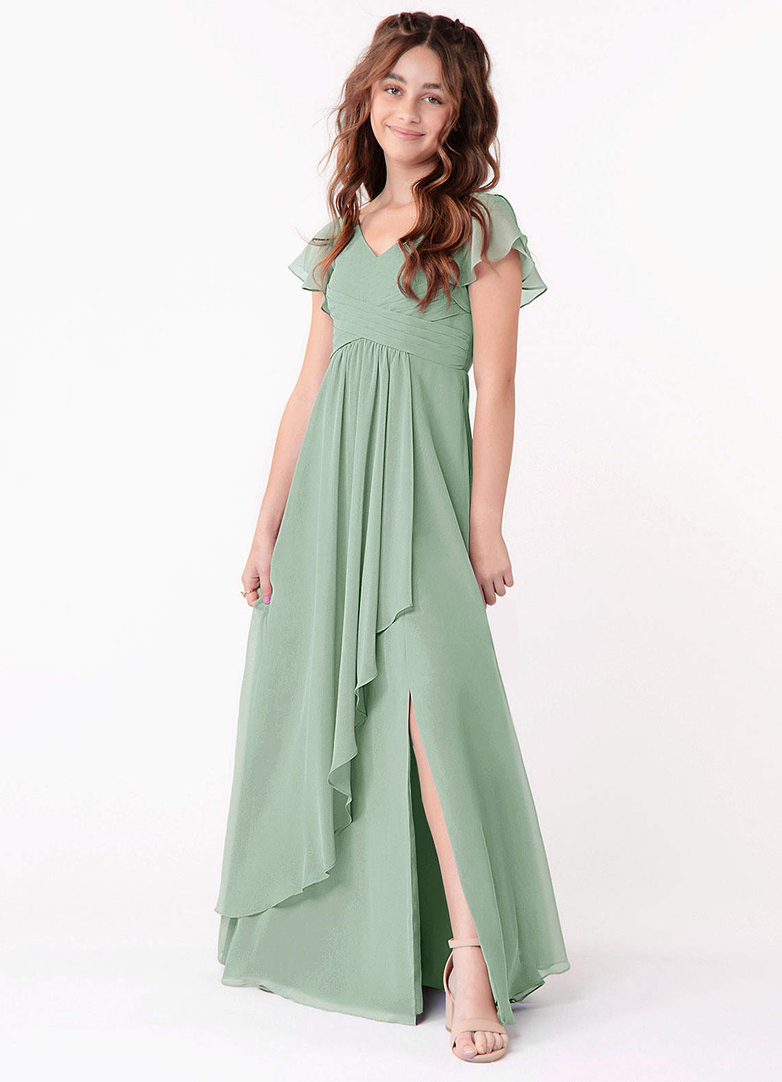 Azazie Omari Junior Agave A-Line Ruched Chiffon Dress image1