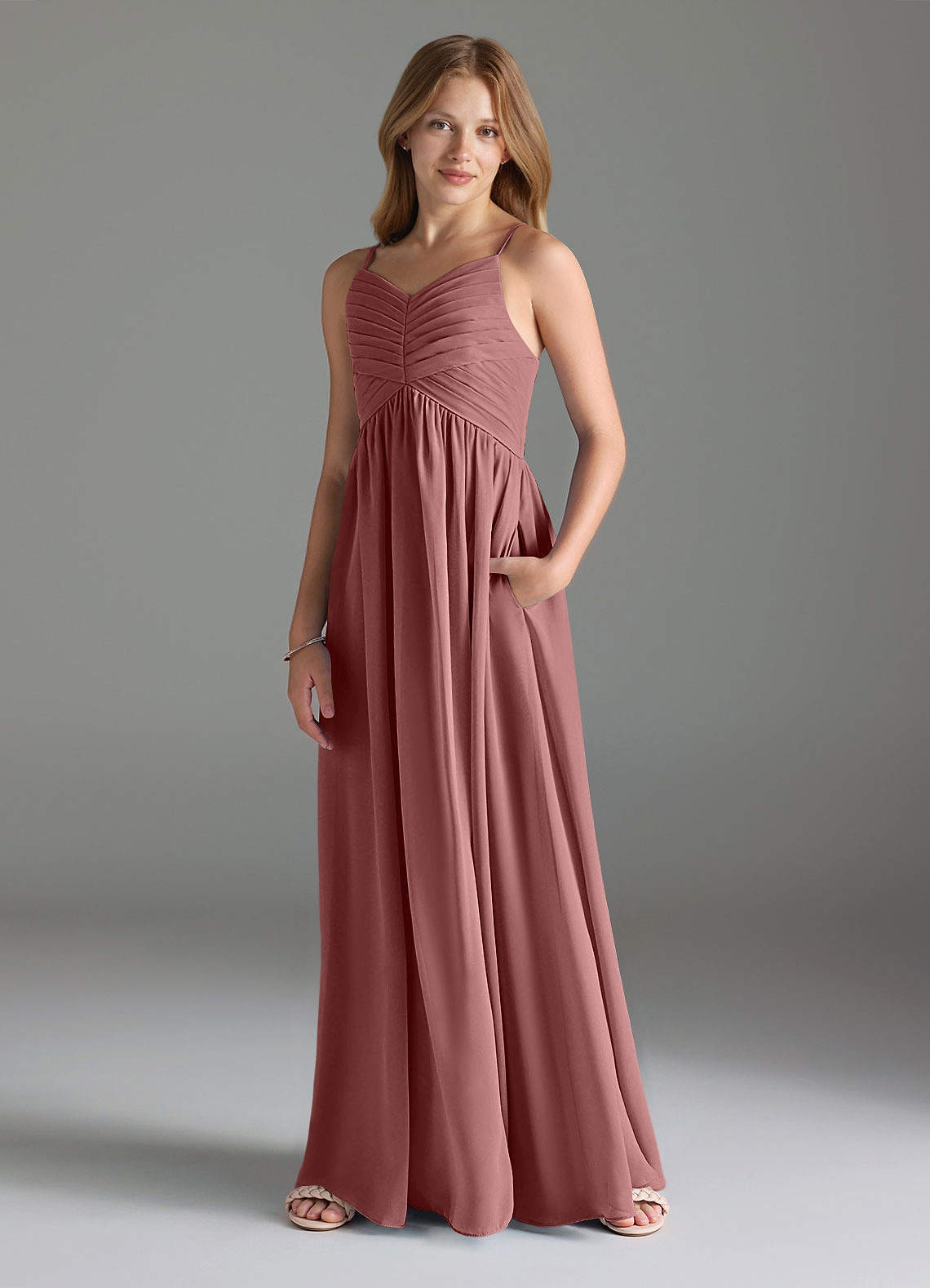 Azazie Alia Junior Desert Rose A-Line Pleated Chiffon Dress image1