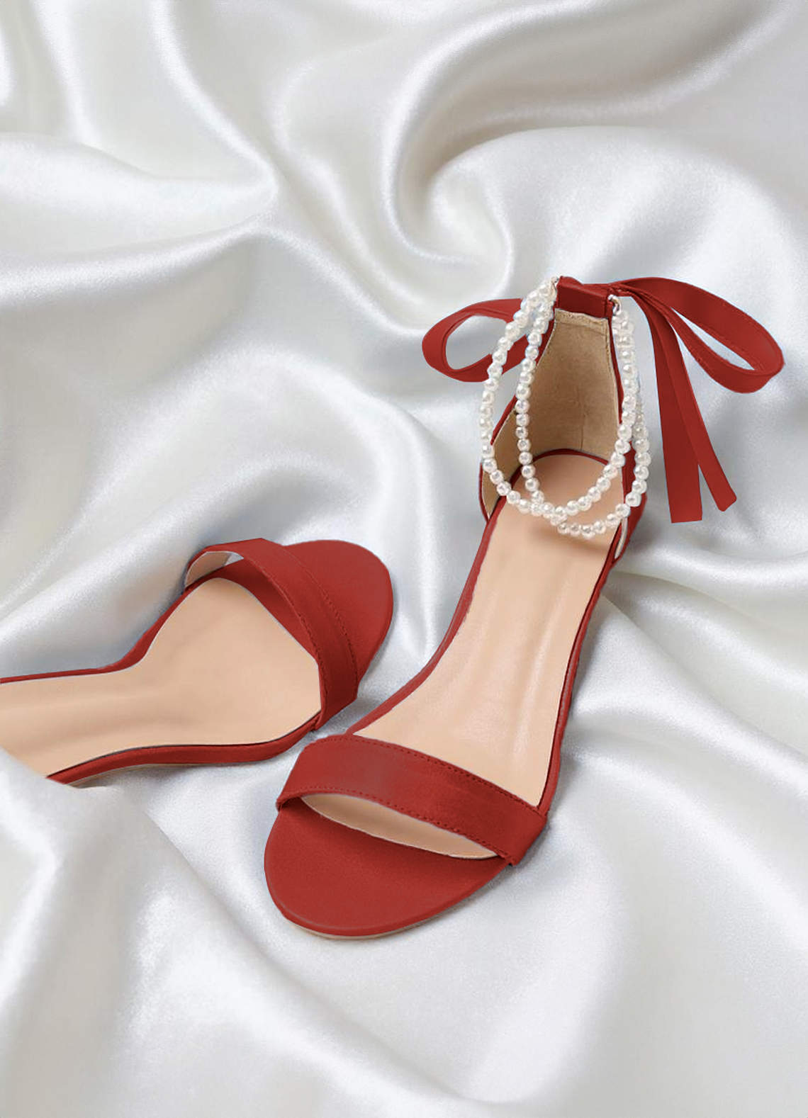 front Matching Color Matte Satin Pearl and Bow Open Toe Chunky Heel Sandals