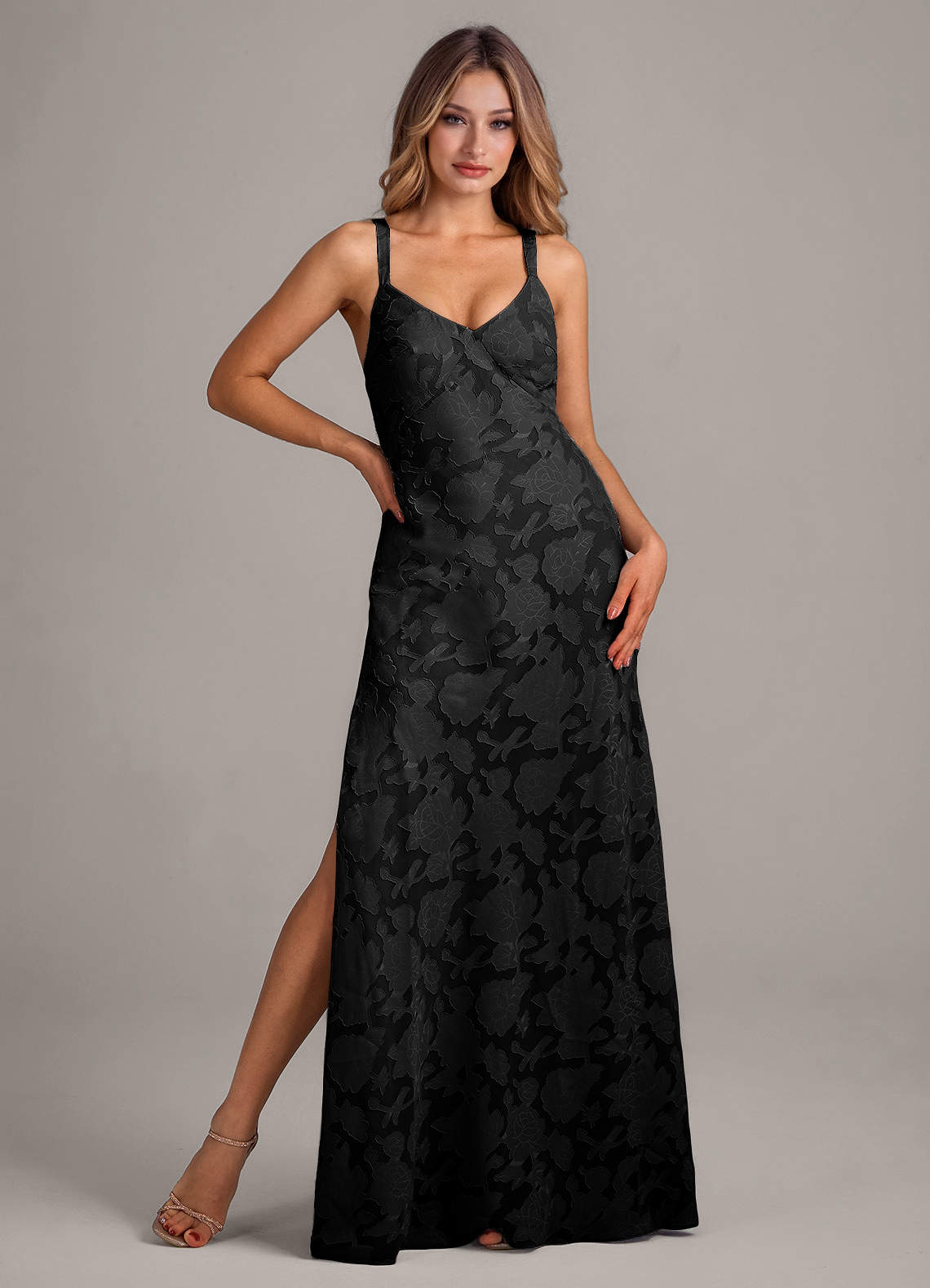 Azazie Aliza Ready to Ship Black Floral Burnout Bridesmaid Dresses