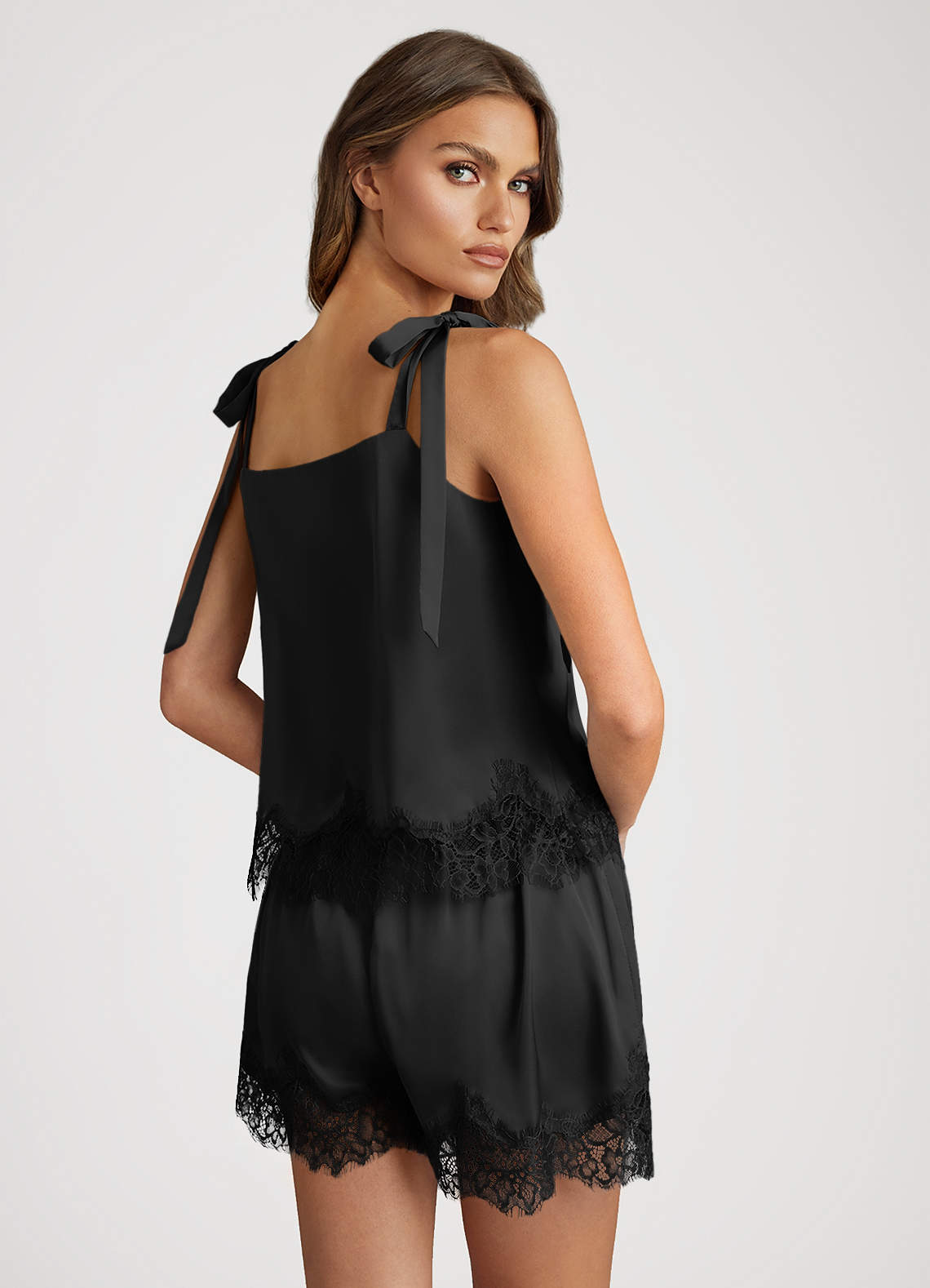 front Satin and Lace Bow Cami and Shorts Pajama Set