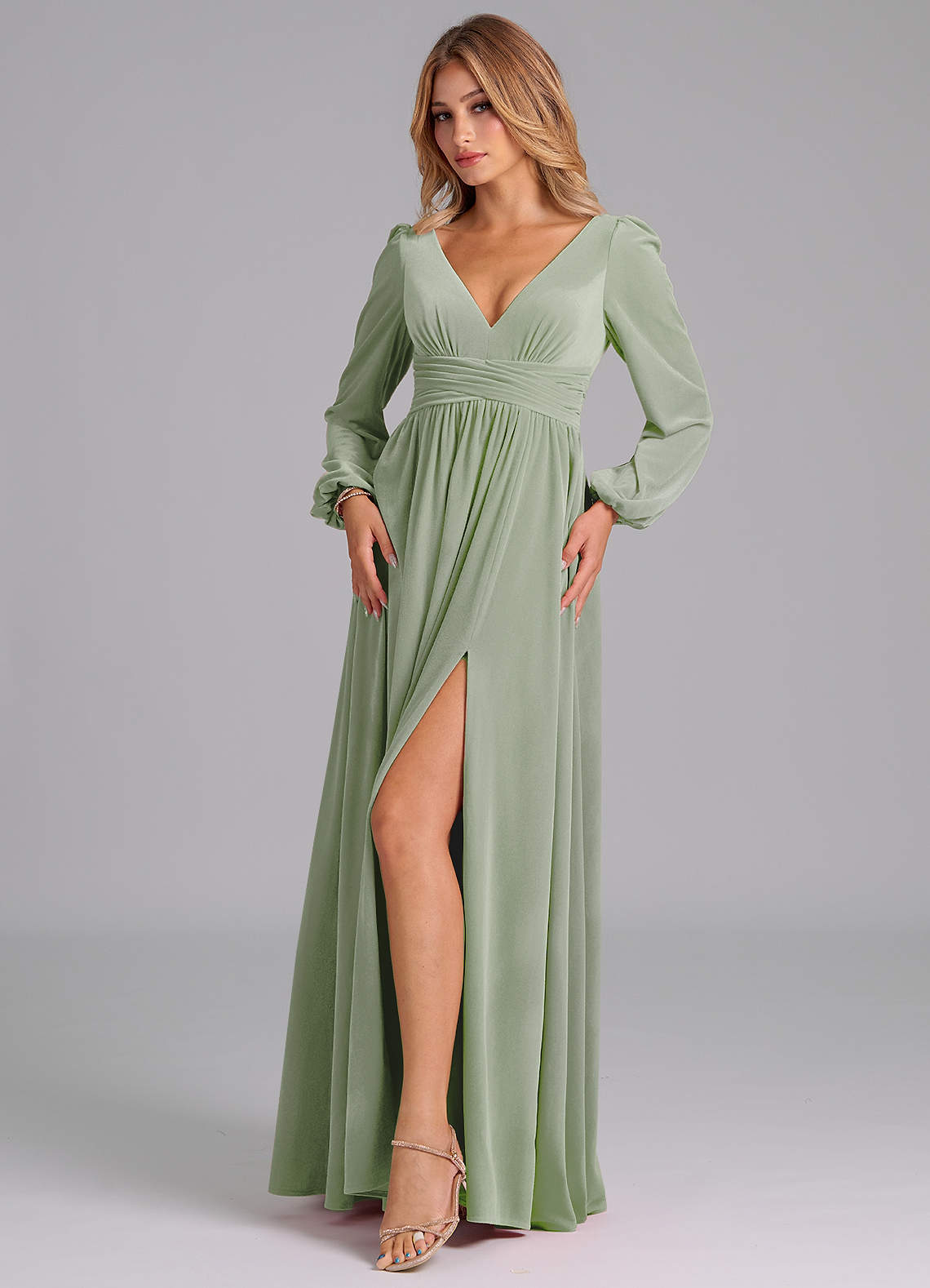 long sleeve sage dress Azazie Leonia