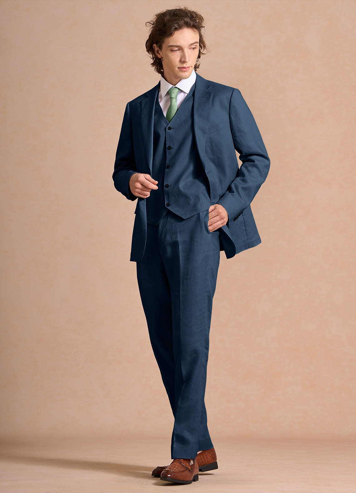 front Harrison 다크 네이비 100% 린넨 쓰리피스 정장