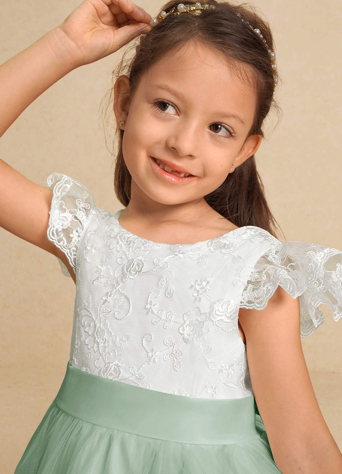 Azazie Vetty Flower Girl Dresses Ivory Agave A-Line Lace Tulle Dress image7