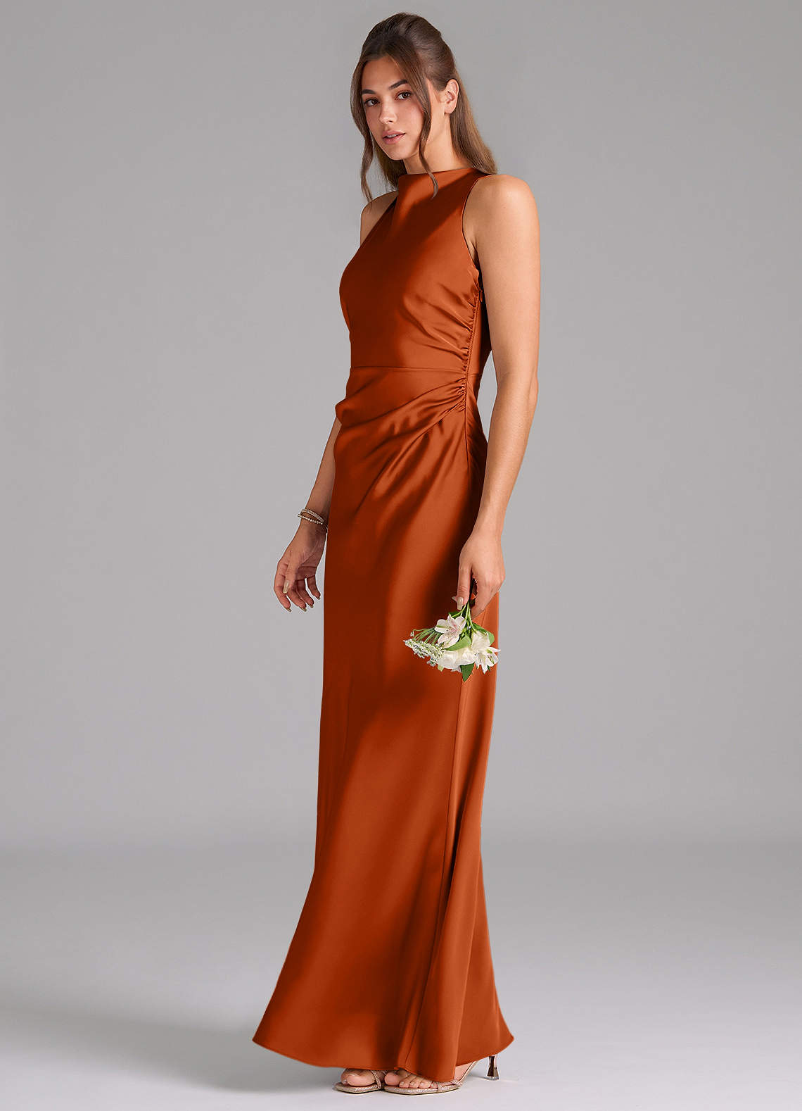 Azazie Evadne Brautjungfernkleider A-Linie Plissee Stretch-Satin Kleid Gebranntes Orange image1