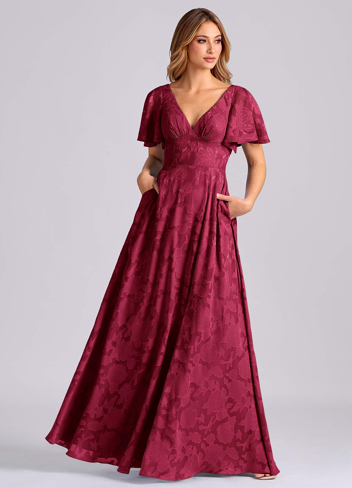 Azazie Kimber Bridesmaid Dresses Burgundy A-Line with Pockets Floral Burnout Dress image6
