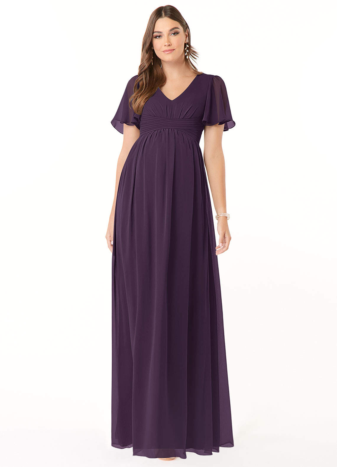 Azazie Verna Robes de demoiselle d'honneur de maternité Robe Trapèze Col V froncé Longueur ras du sol Mousseline de soie image1