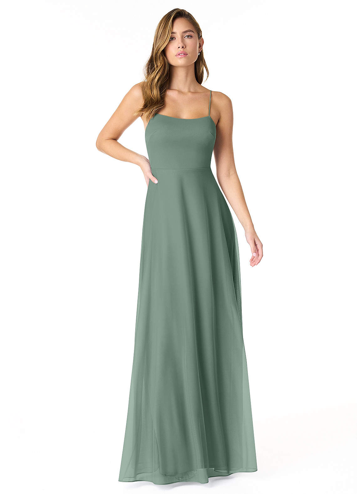 Azazie Rae Brautjungfernkleider A-Linie Schleifen Gittergewebe Kleid Eukalyptus image1