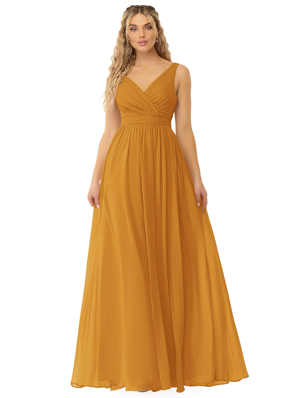 Azazie Kora Vestidos de damas de honor Vestido de Caramelo de Gasa de Corte en A con Plisado image1