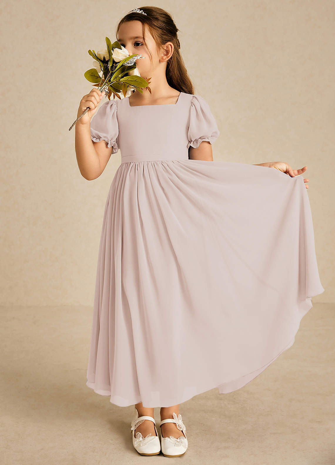 Azazie Joss Blumenmädchenkleider A-Linie mit ärmel Chiffon Kleid Blassrosa image1