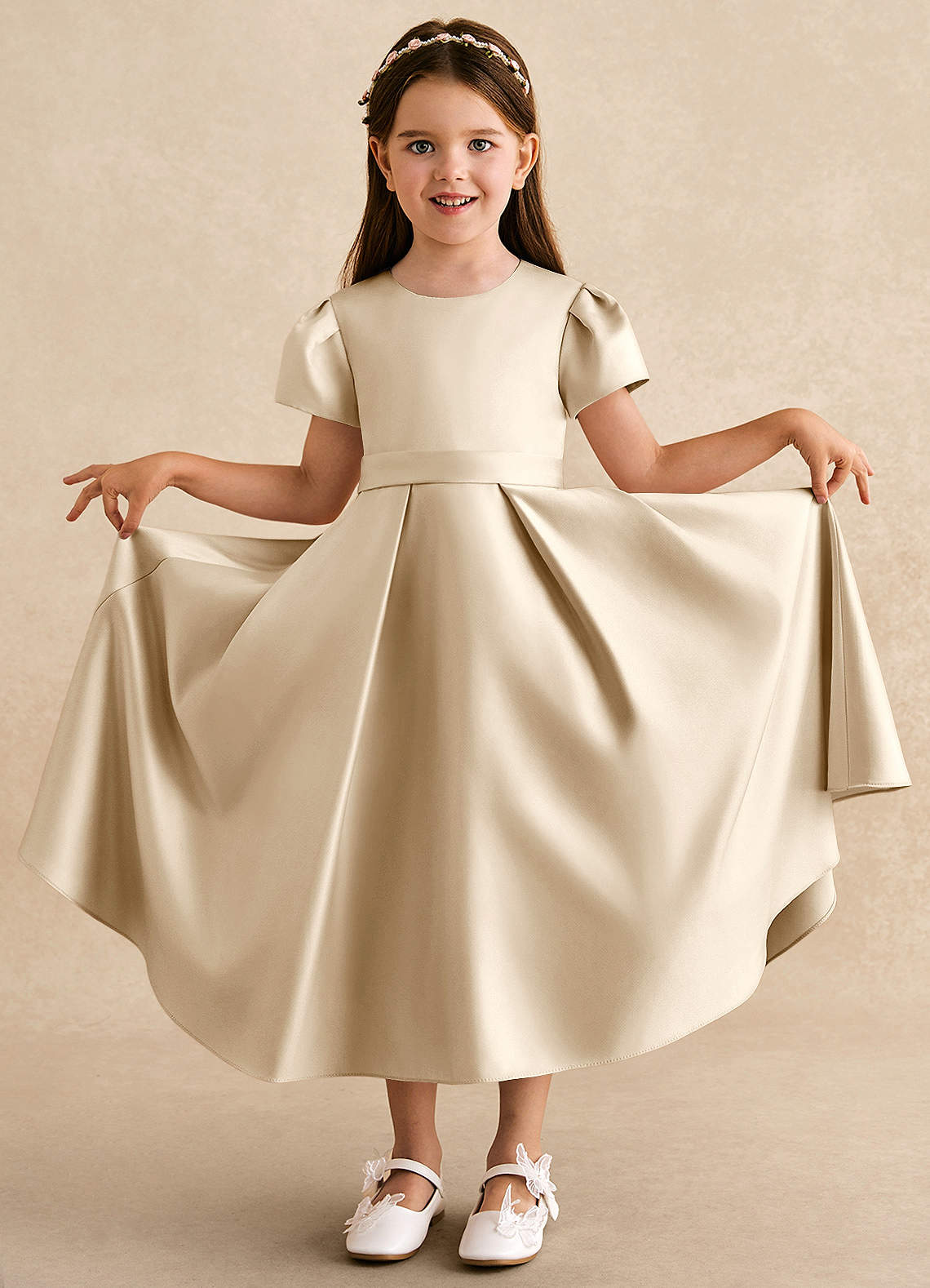 Azazie Princess Flower Girl Dresses Champagne A-Line Pleated Matte Satin Dress image2