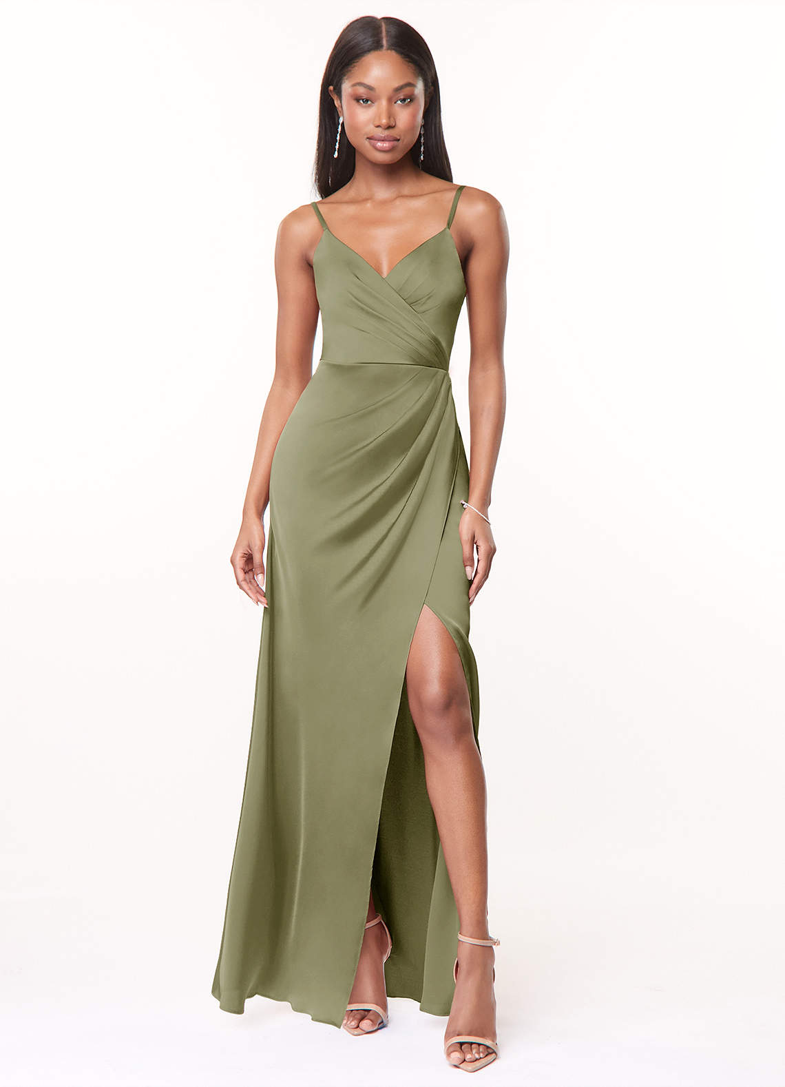 Azazie Maci Bridesmaid Dresses Pistachio A-Line V-Neck Pleated Stretch Satin Dress image1