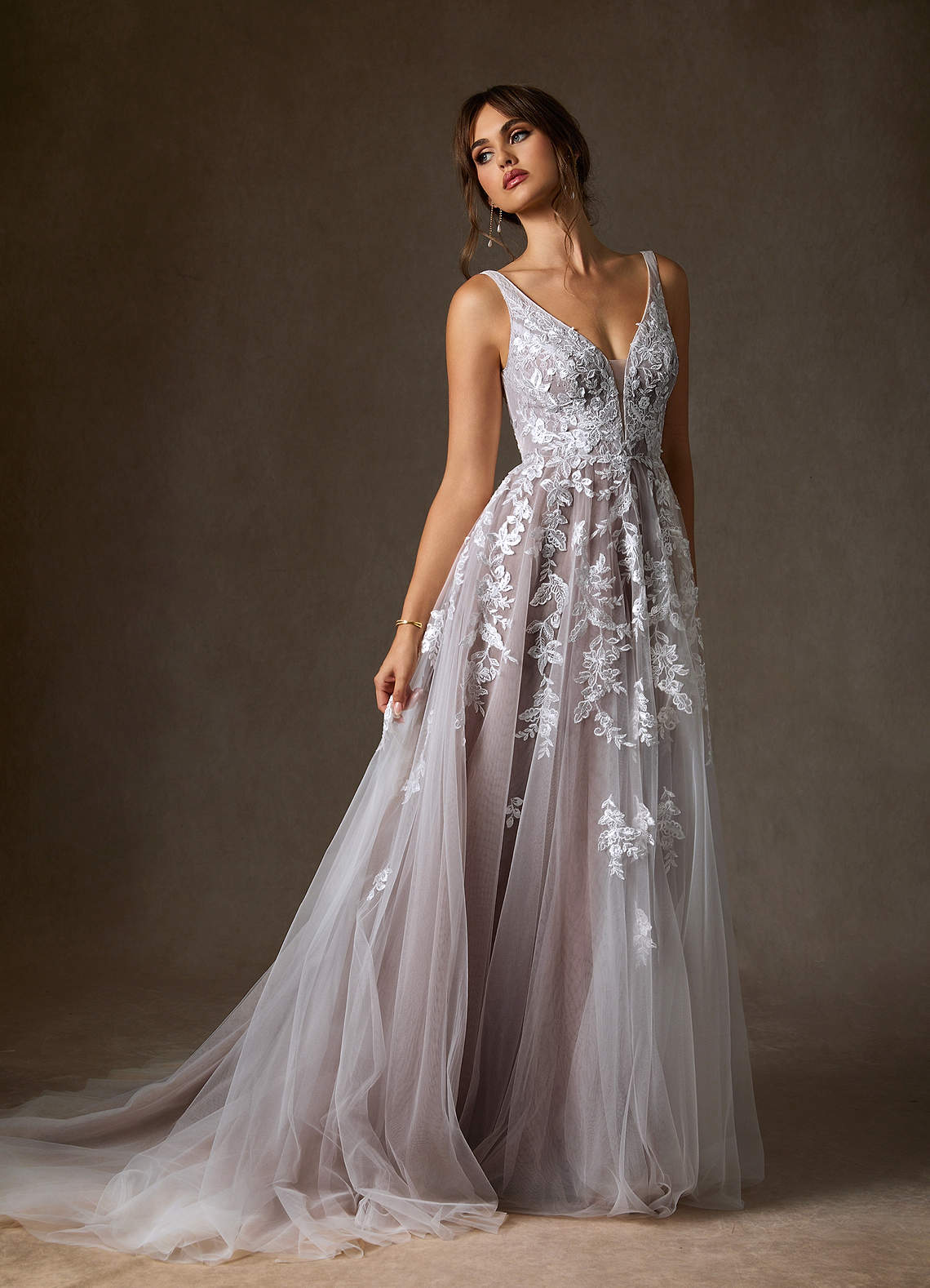 Azazie Sorella Diamond White Mocha A-Line V-Neck Sequins Tulle