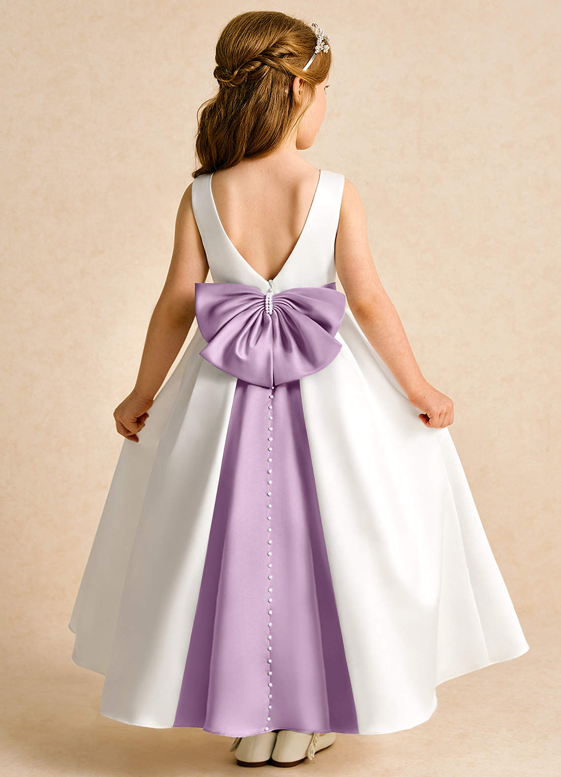 Azazie Cherry Blumenmädchenkleider Ballkleid Plissee Matte Satin Kleid Elfenbein Glyzinie image1