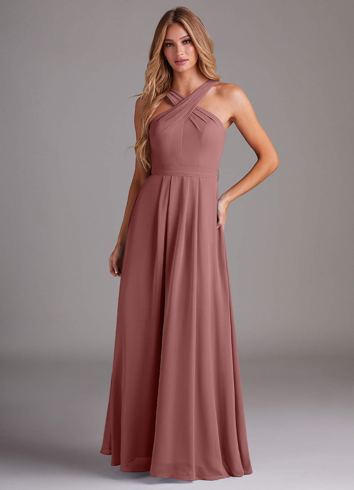 Azazie Dixie Bridesmaid Dresses Desert Rose A-Line Halter Pleated Chiffon Dress image1