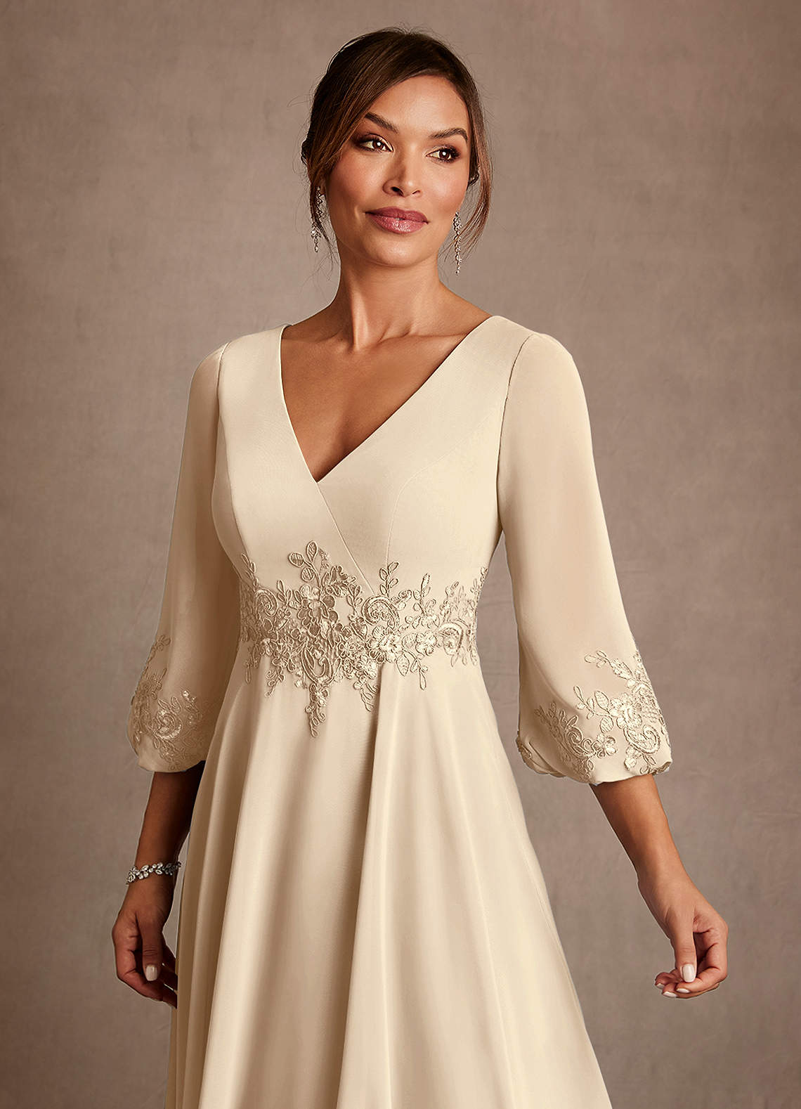 Azazie Yorba Champagne A-Line Lace Chiffon Dress | Azazie