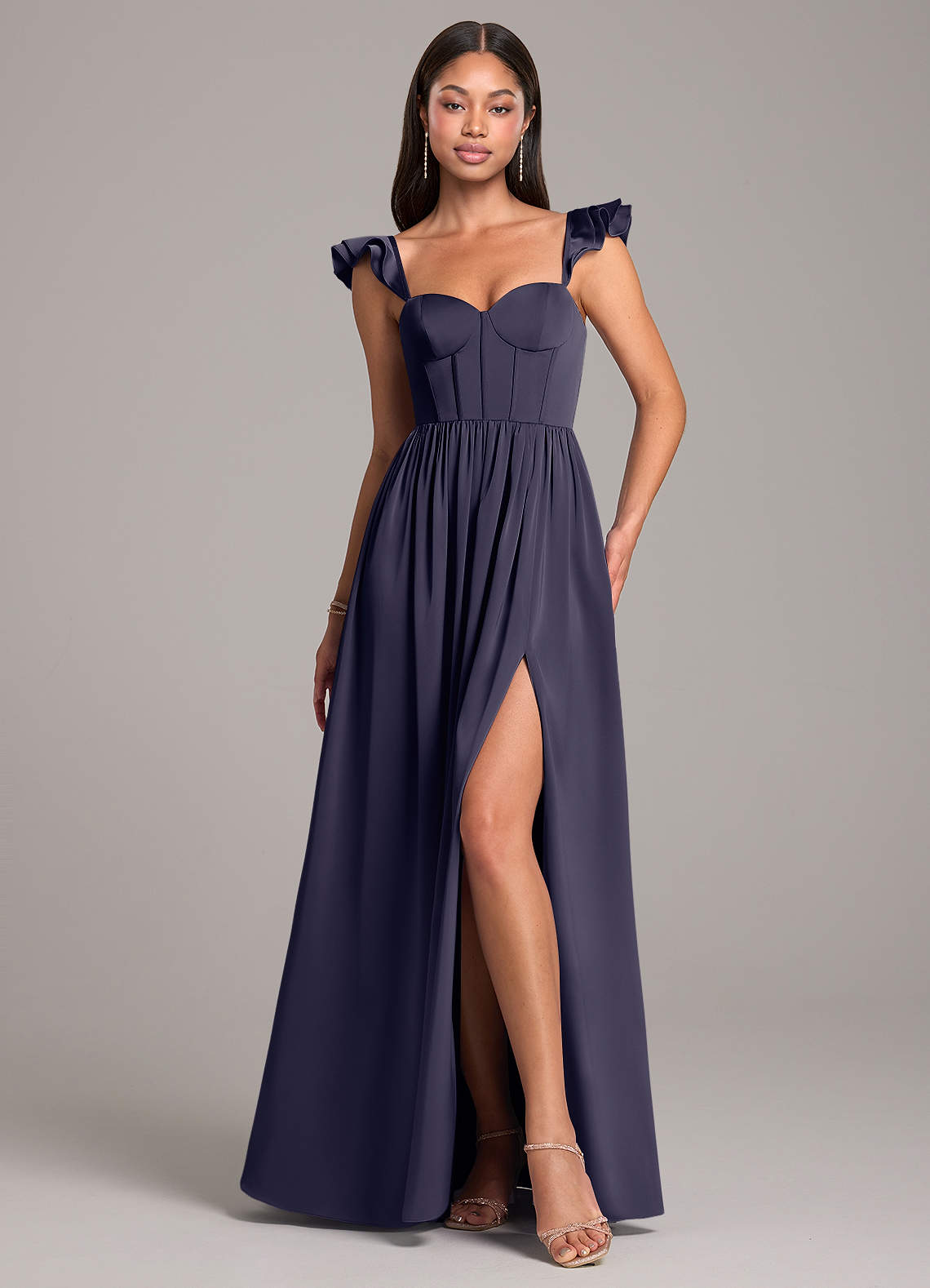 Azazie Denisse Brautjungfernkleider A-Linie Gestreift Stretch-Satin Kleid Sturm image1