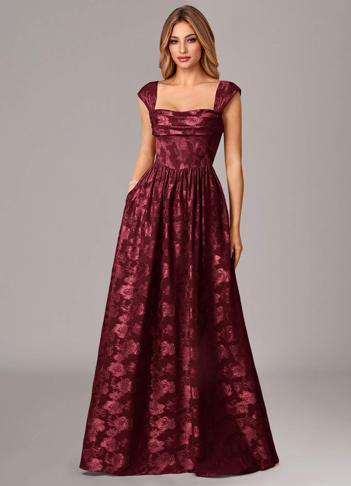 Azazie Hazel Abiti da Damigella Abito A-Line in Burnout Floreale Corsetto Cabernet image1