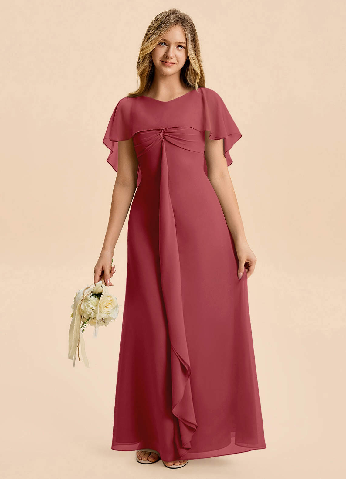 Azazie Selena Junior Pomegranate A-Line Ruched Chiffon Dress image5