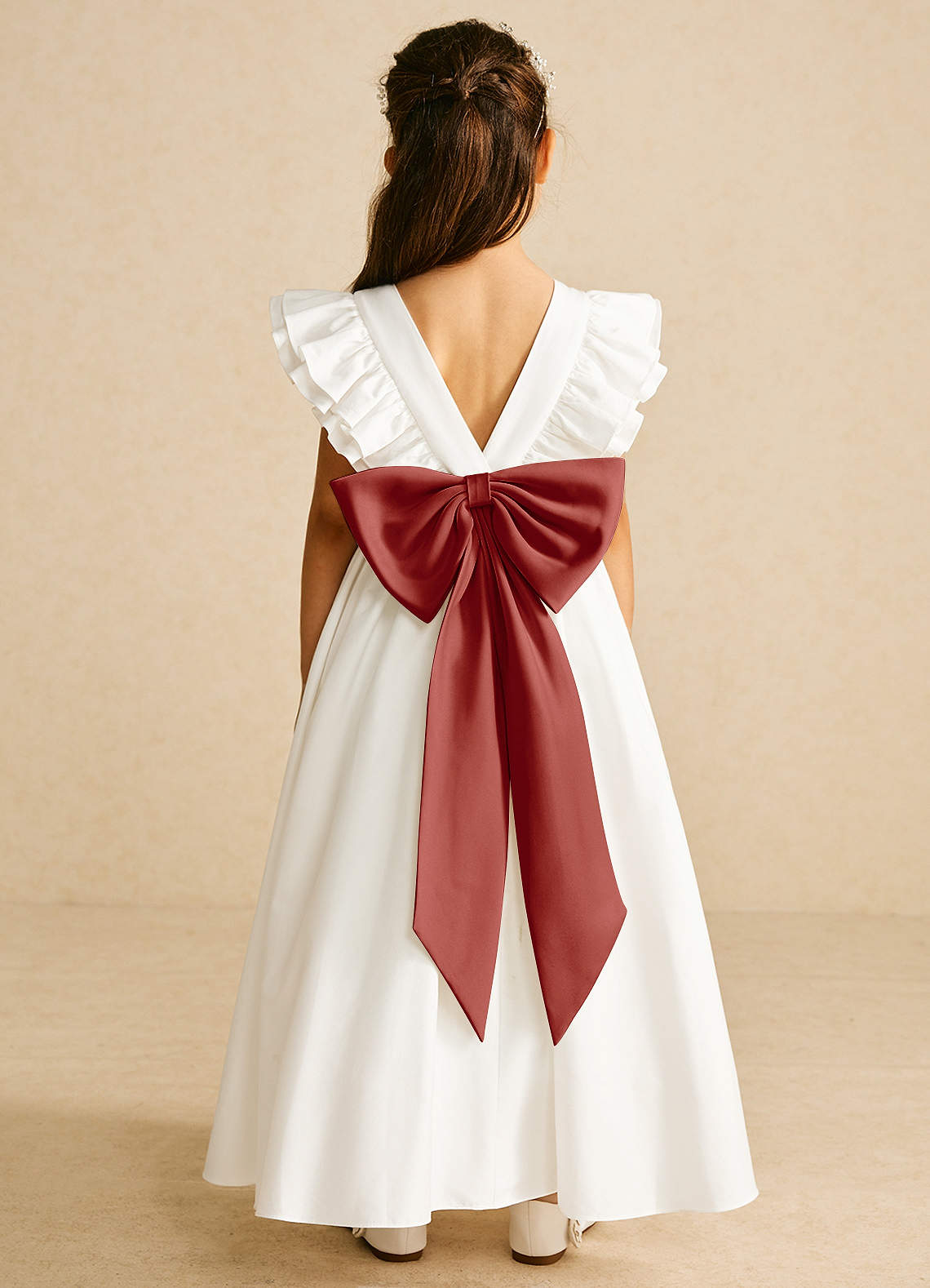 Azazie A-Line Scoop Neck Ankle-Length Matte Satin Flower Girl Dresses Ivory/Terracotta