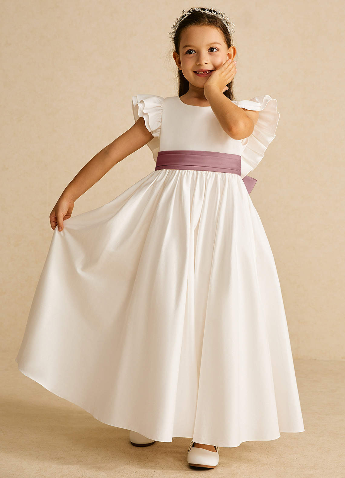 Azazie Aero Flower Girl Dresses Ivory Dusty Rose A-Line Pleated Cotton Dress image5