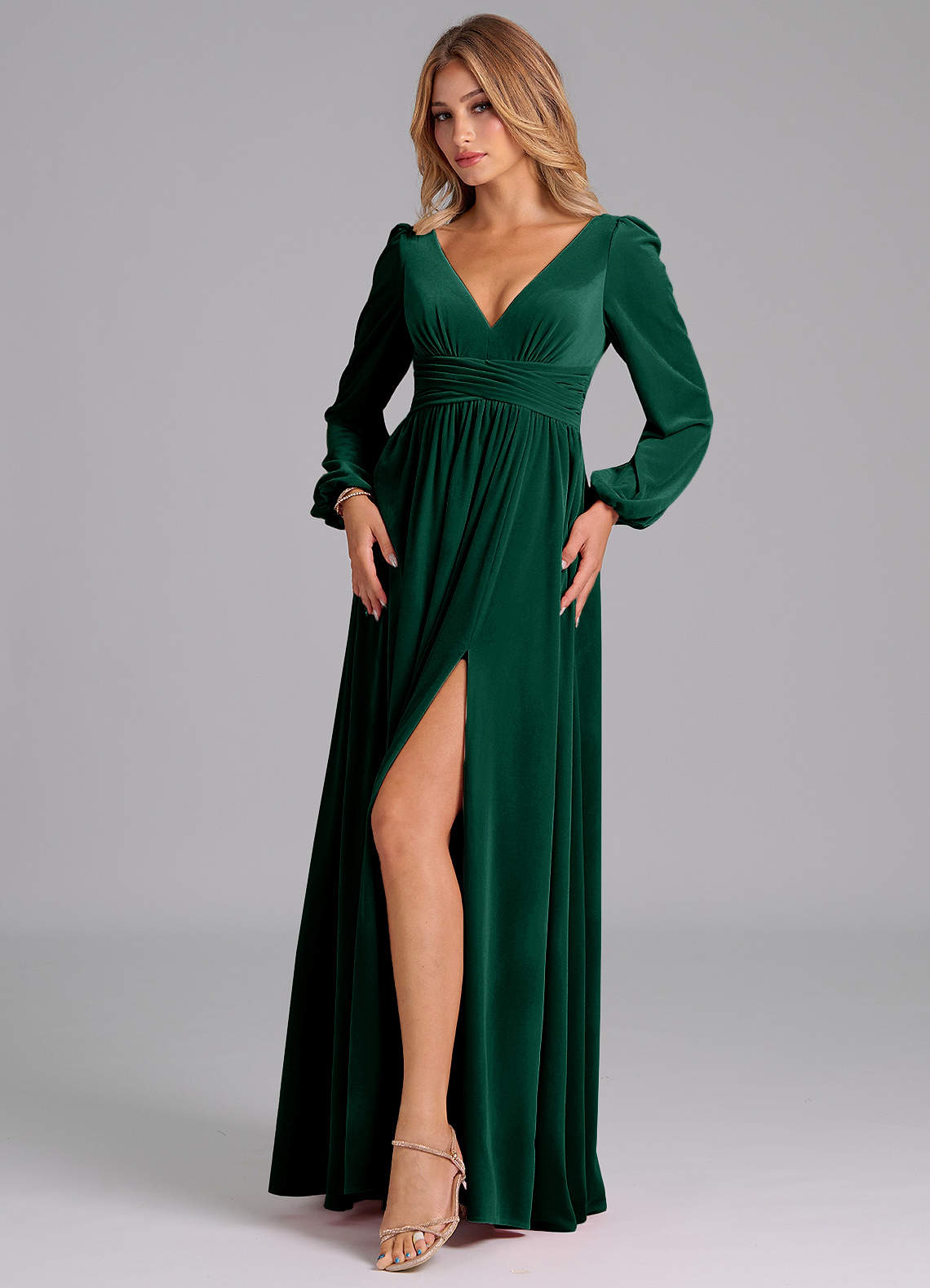 Azazie Norah Bridesmaid Dresses Emerald A-Line Long Sleeve Velvet Dress image3