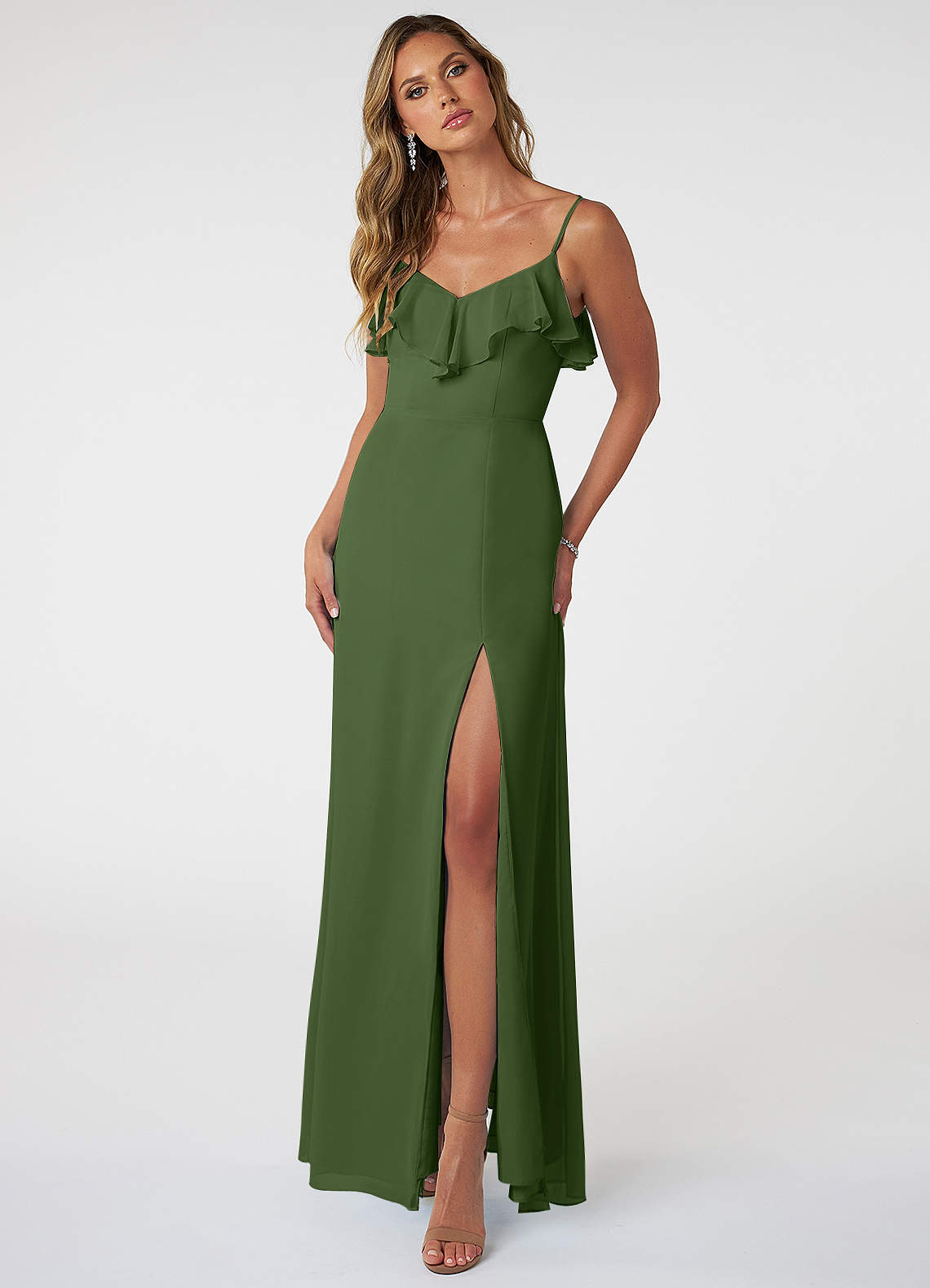 Azazie Natalia Bridesmaid Dresses Olive A-Line Chiffon Dress image1